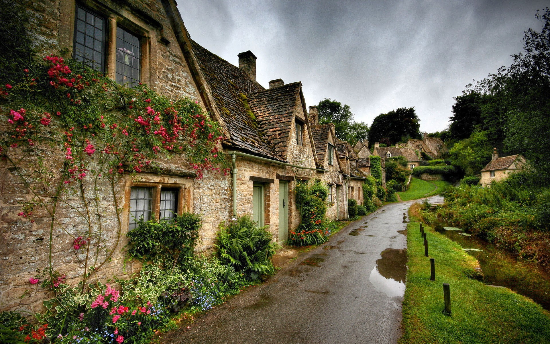 nature, house, flowers, road, rain, village, England
