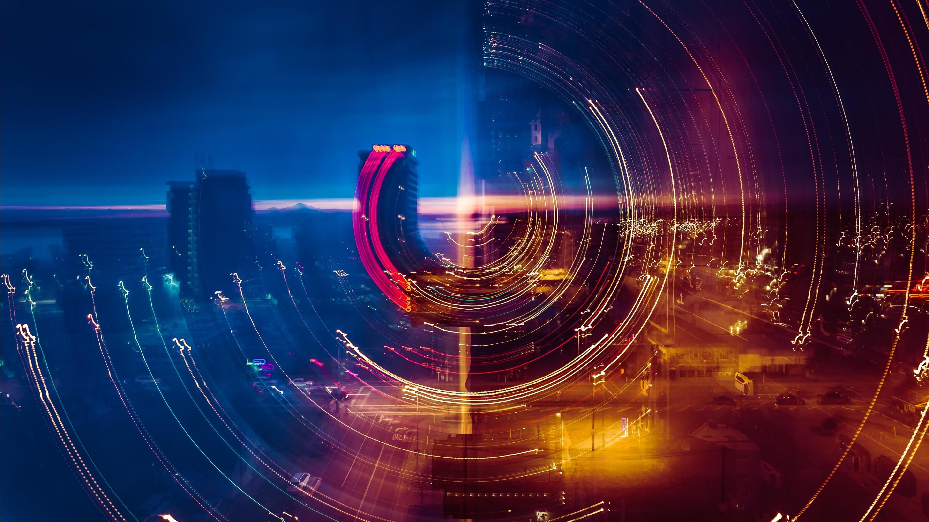 coiling, skyline, circle, special effects, energy, city, night