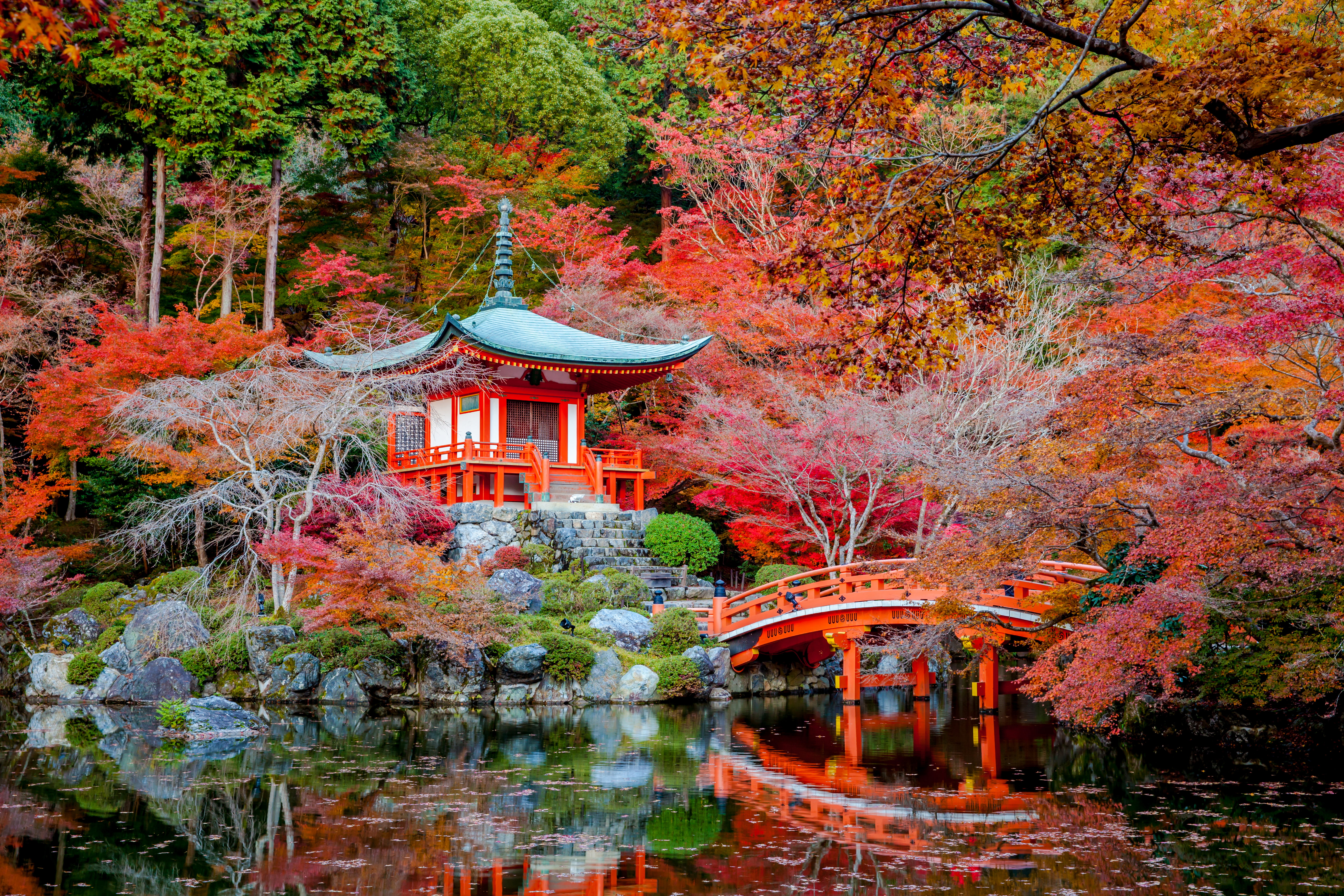 Temples, Daigo-ji, Bridge, Fall, Japanese Garden, Reflection
