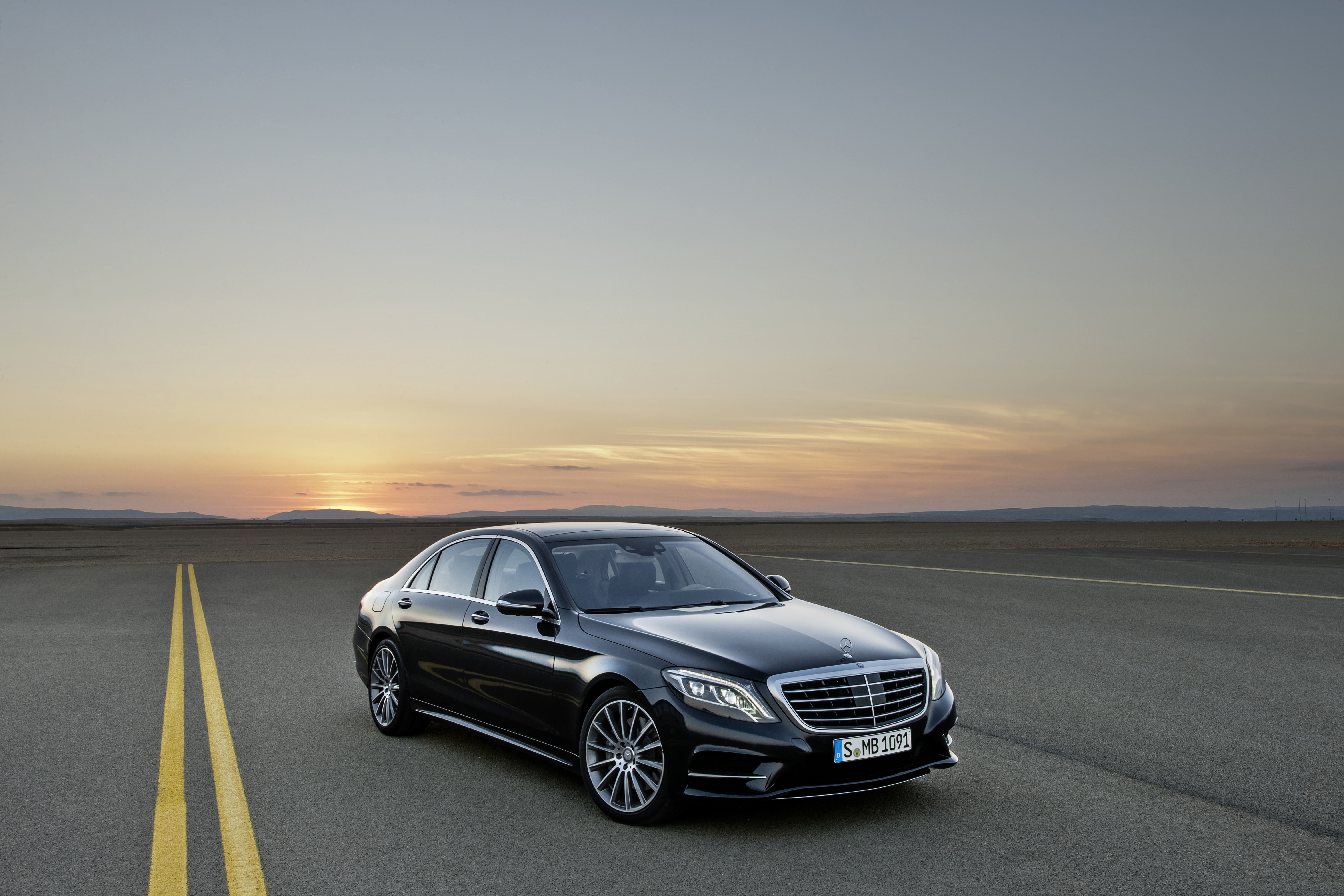 black Mercedes-Benz sedan, Sunset, Road, S-class, Diodes, The flagship
