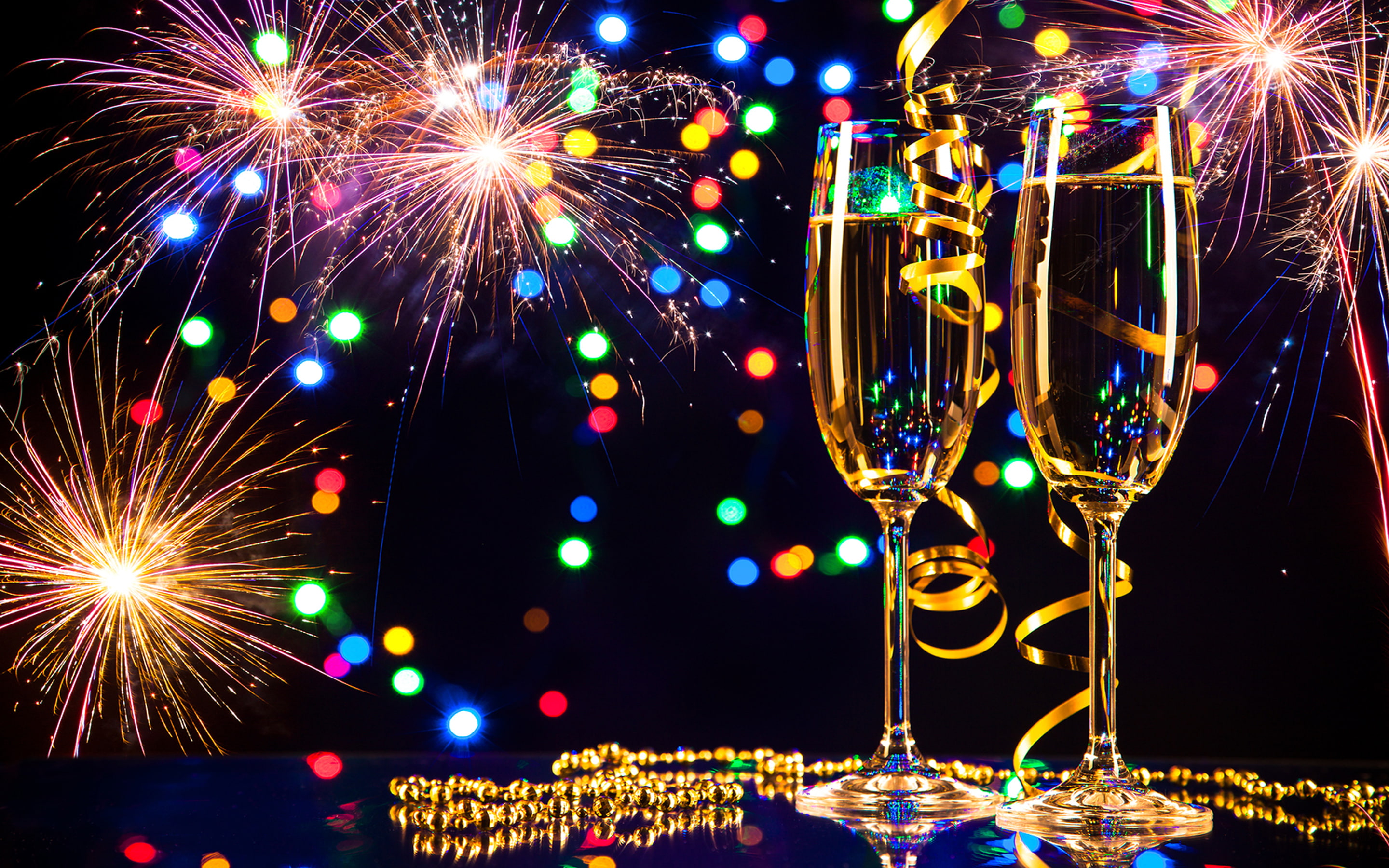 Happy New Year 2019 Glasses Of Champagne And Fireworks Desktop Wallpaper Hd For Mobile Phones And Laptops 2880×1800