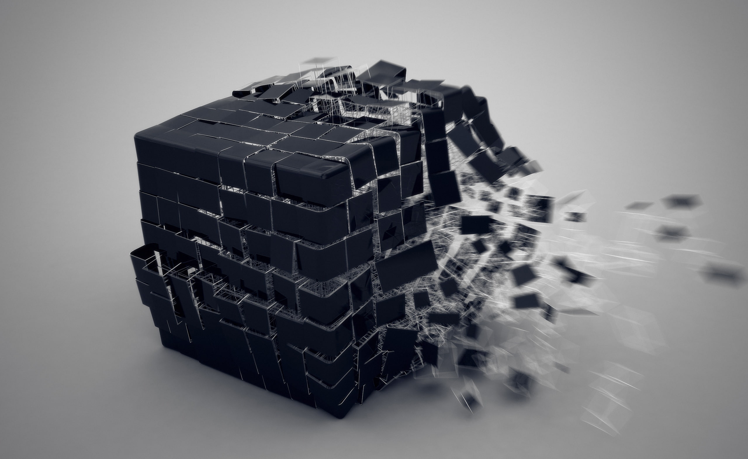 Exploding Cube, black cube illustration, Artistic, 3D, studio shot