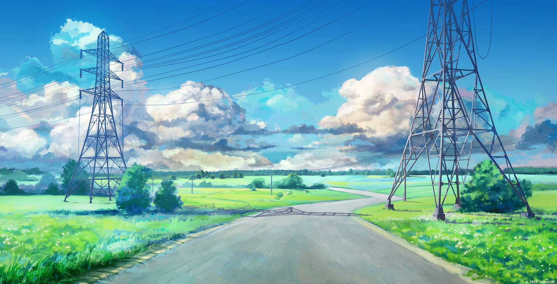 anime landscape, clouds, grass, field, scenic, summer