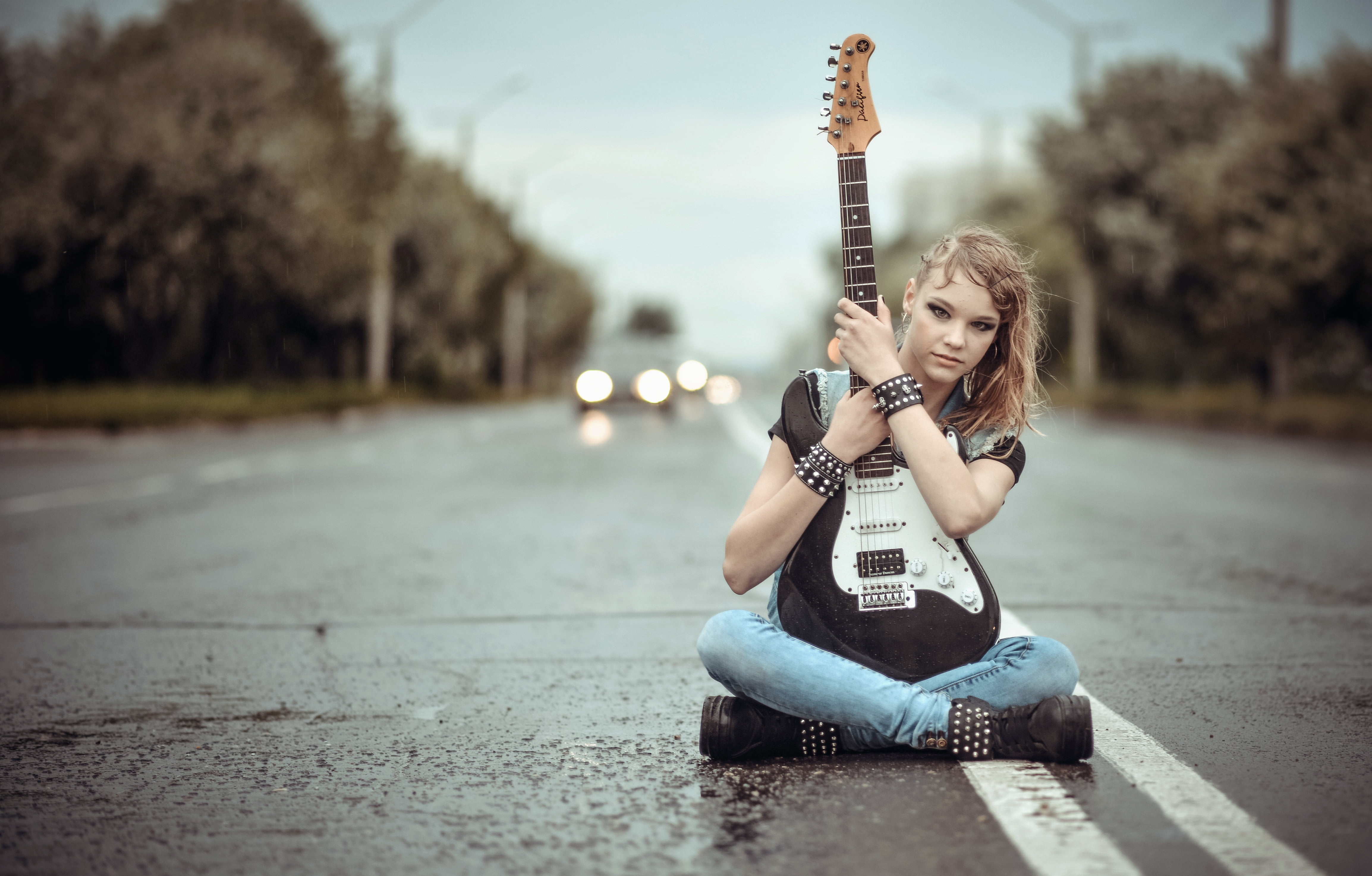 black and white stratocaster electric guitar, road, girl, music