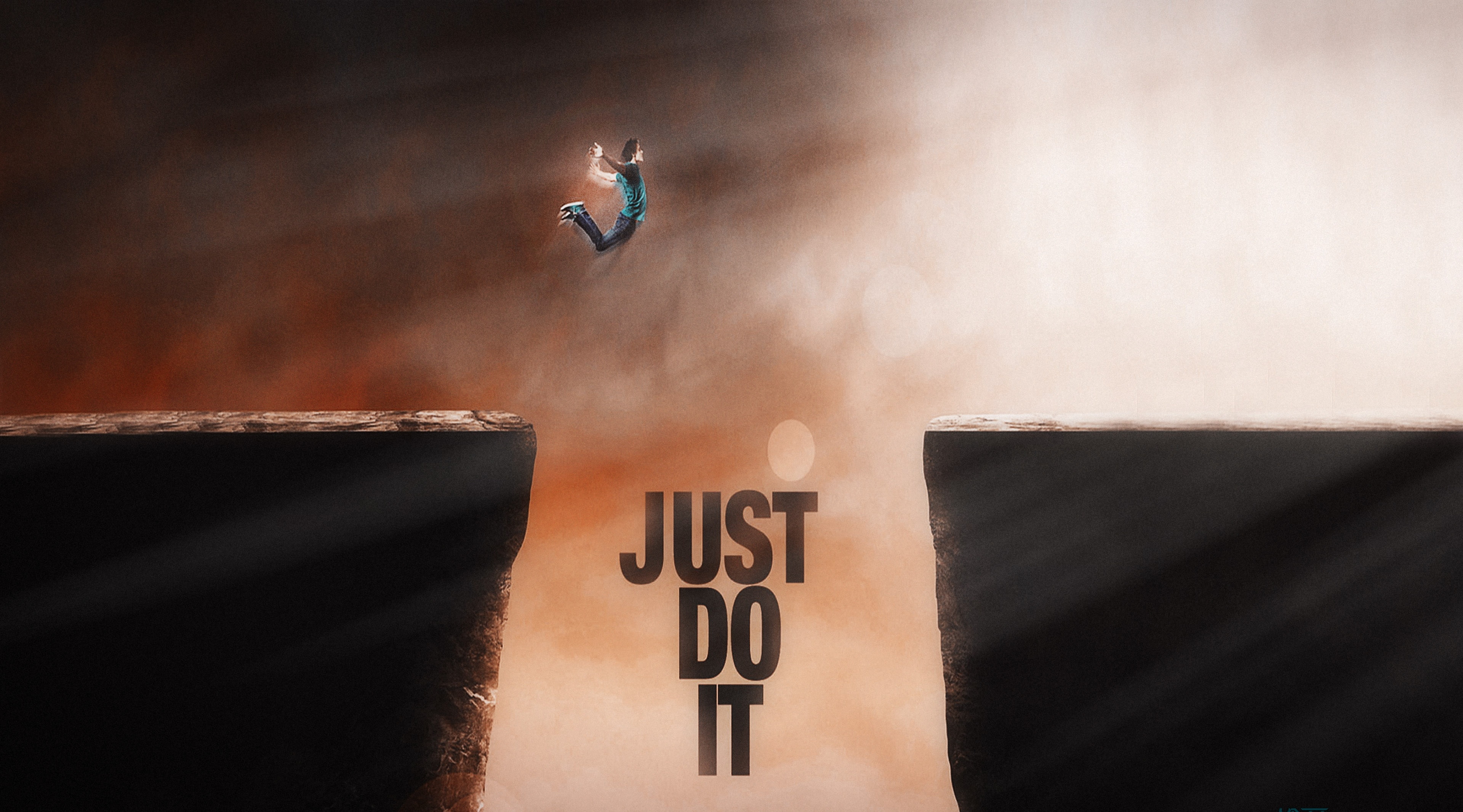 Just Do It, man jumping the gap with just do it digital text overlay digital wallpaper