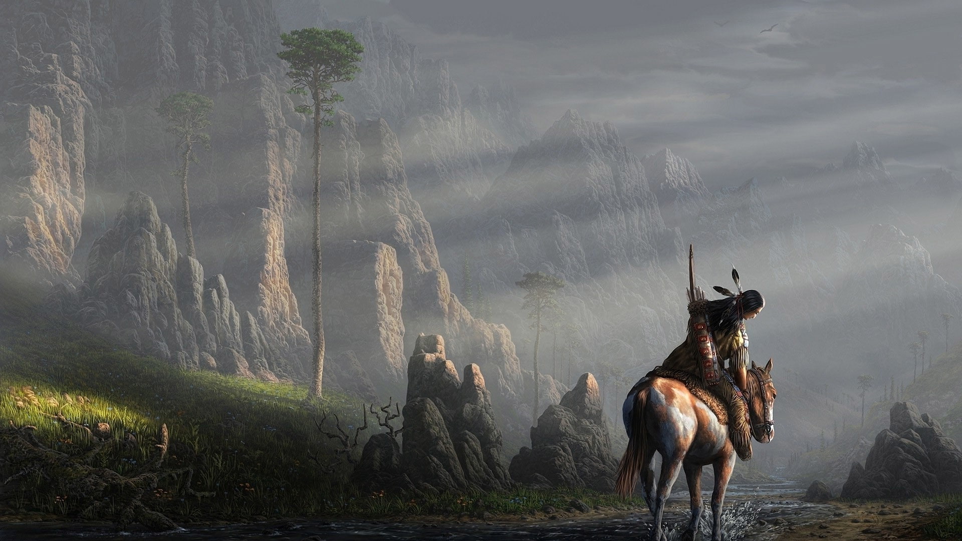 native american clothing nature artwork native americans trees animals horse men feathers arrows bows painting rock mountain stream sun rays warrior birds