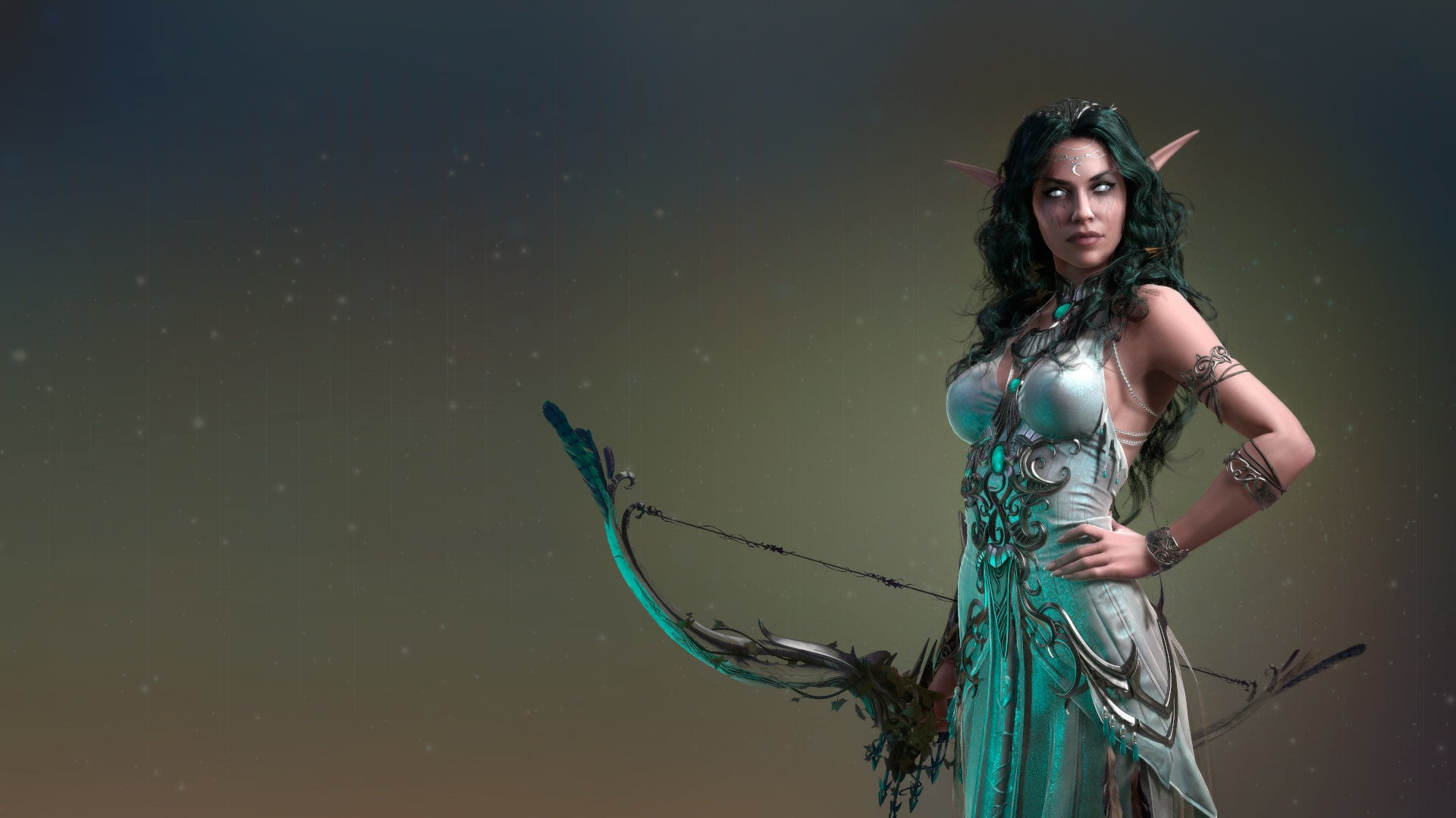 girl, weapons, elf, the game, bow, art, character, 3 D, Tyrande - High Priestess of Elune