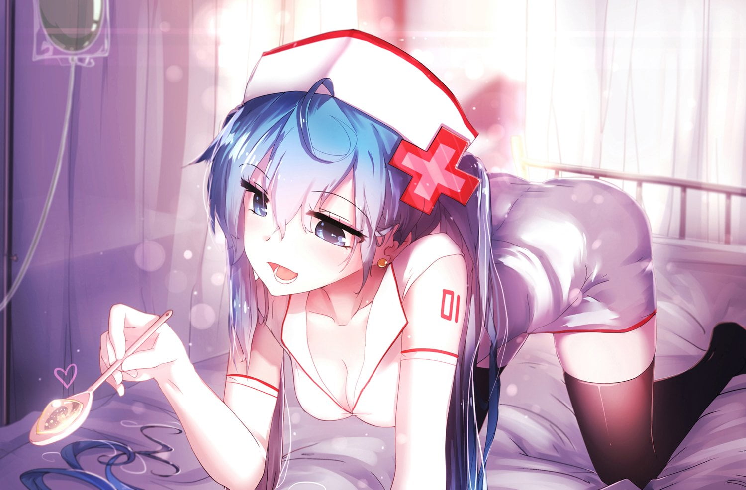 female anime character wallpaper, Vocaloid, Bed, Blue Eyes, Blue Hair