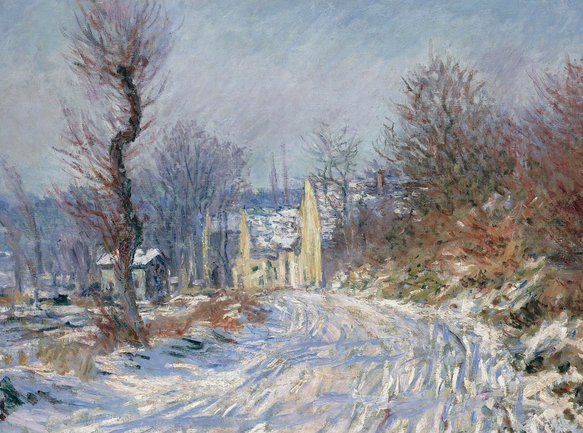 snow, landscape, house, tree, picture, Claude Monet, Road to Giverny in Winter