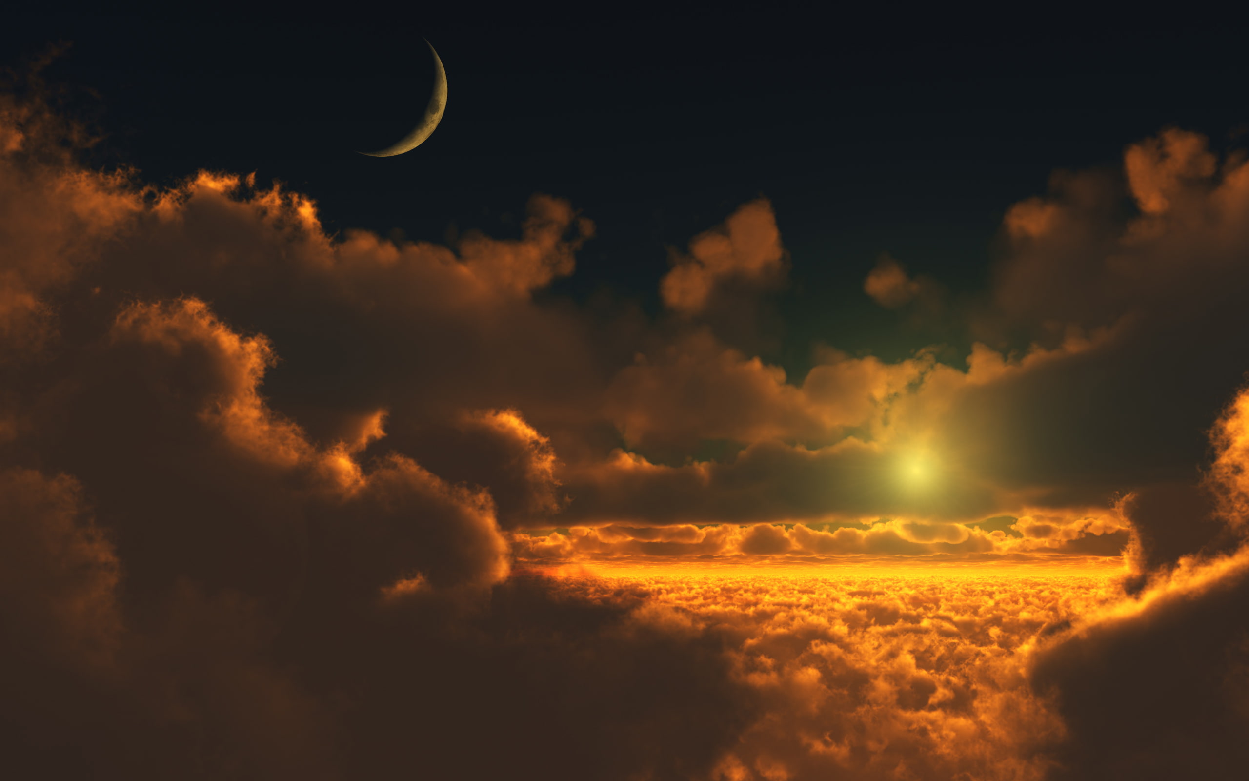 Sunset, Clouds, Moon, Digital render, HD