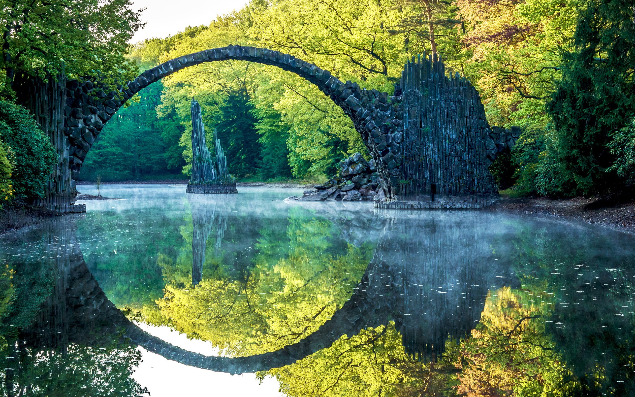 reflection, river, arch, landscape, trees, water, nature
