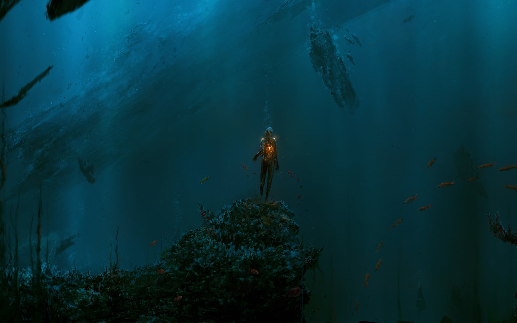 game application wallpaper, sea, divers, underwater, fish, artwork