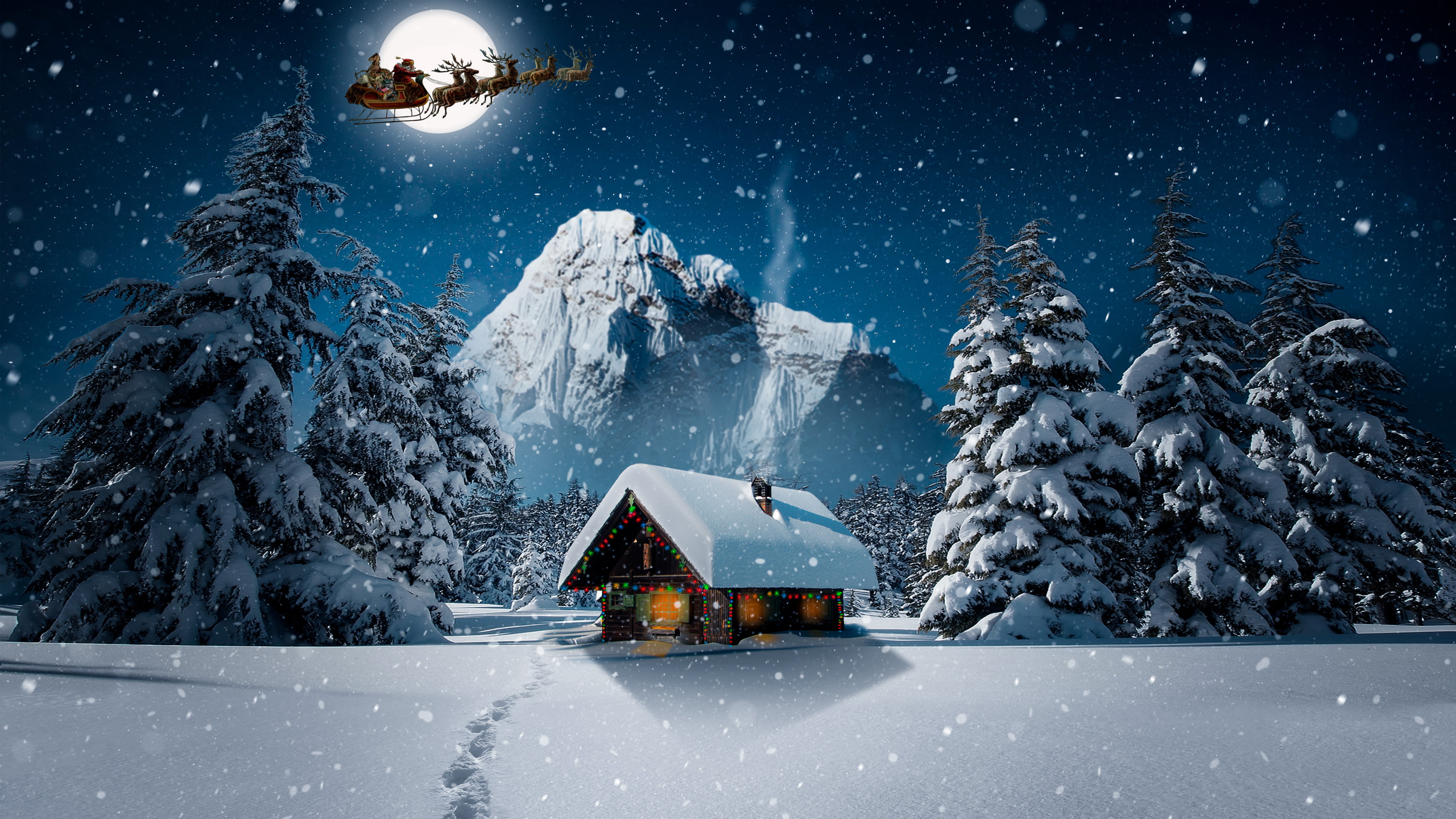 Snowfall, Winter, Santa Claus, Reindeer Chariot, Decoration