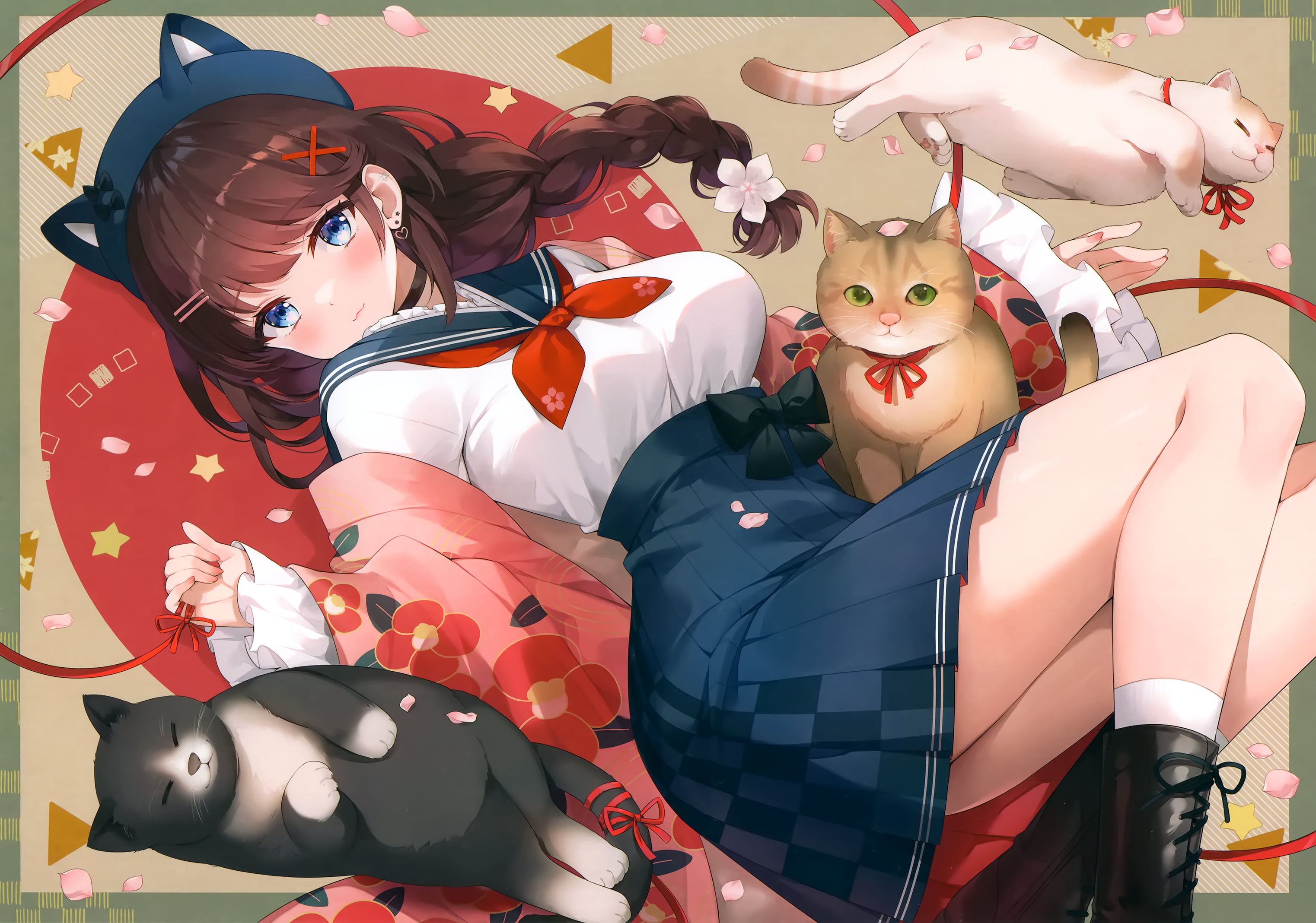anime, anime girls, kimono, cats, blushing