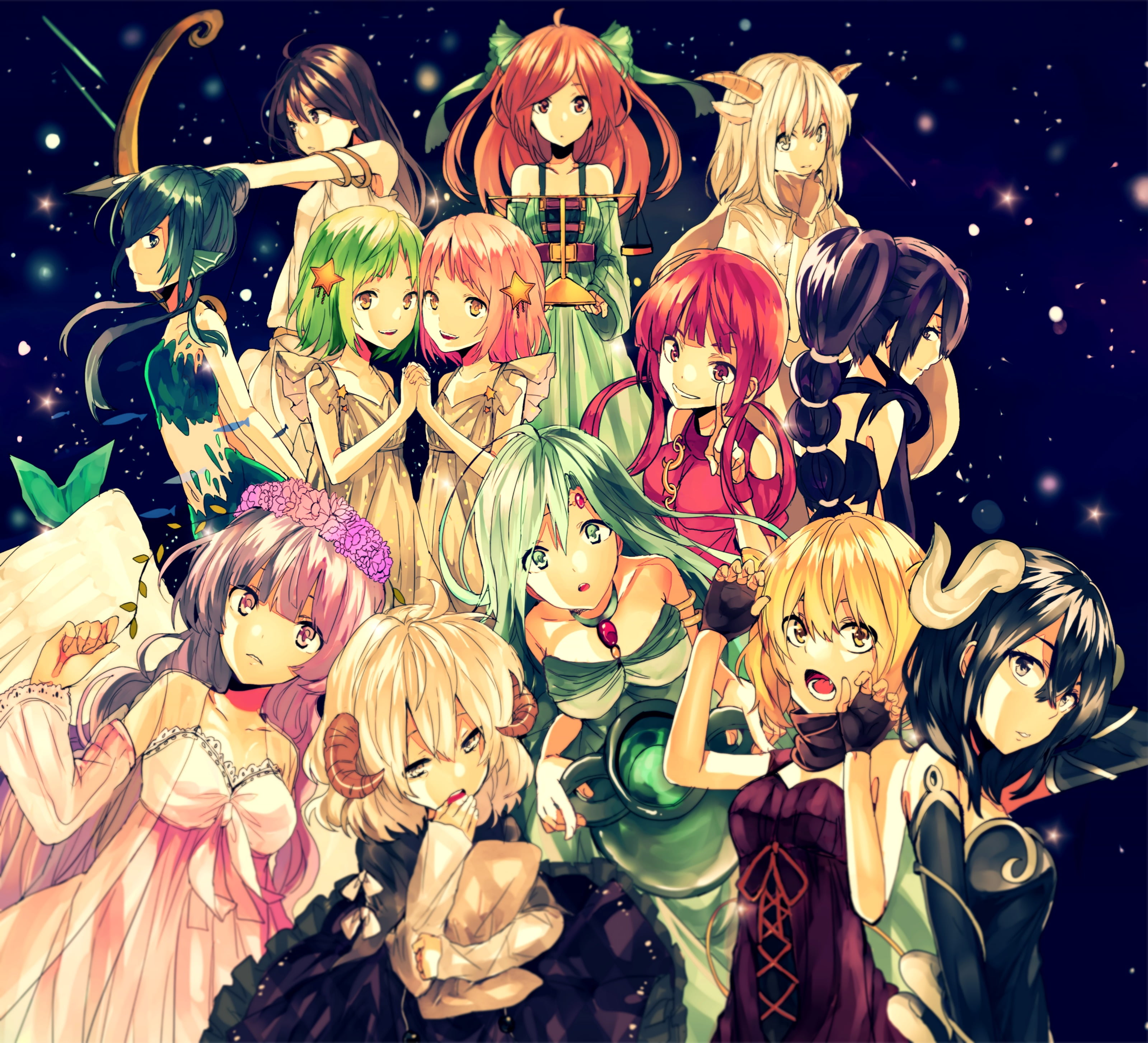 group of girlk cartoon character, fish, girls, Leo, anime, horns
