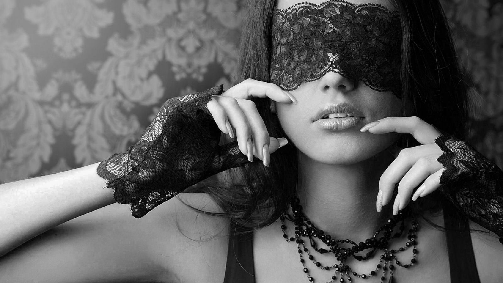 blindfold, monochrome, women, lace, hand on face, one person