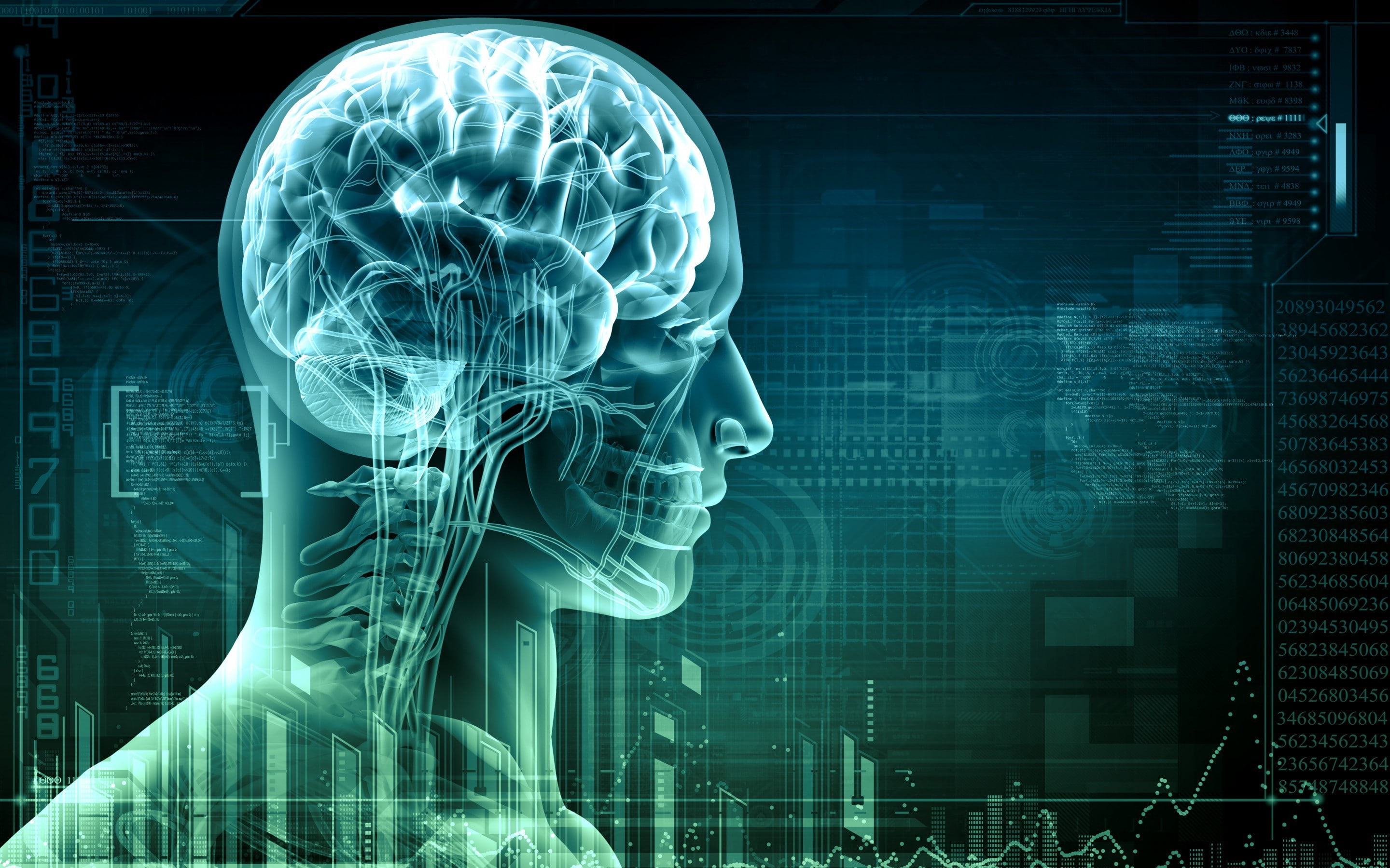 digital art numbers technology binary code computer face x rays skull bones spine circle grid veins anatomy programming language teeth programming skeleton