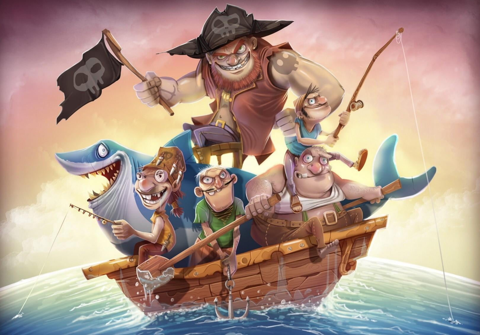 five pirates and shark on boat wallpaper, fishing, anchor, flag