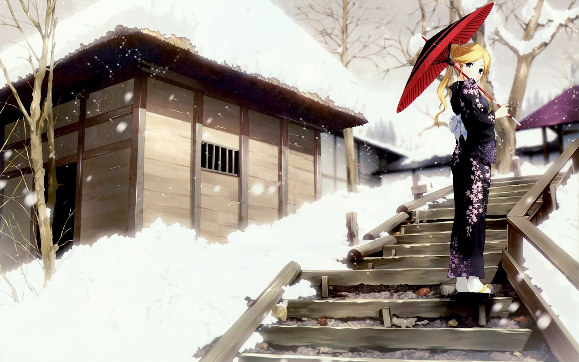 geisha holding umbrella cartoon illustration, anime, kimono, winter