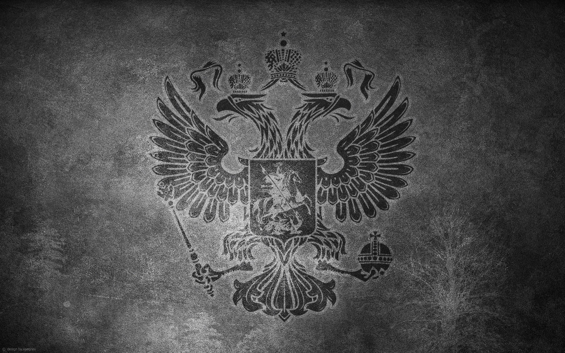 black bird logo, surface, wall, b/W, coat of arms, Russia, double-headed eagle