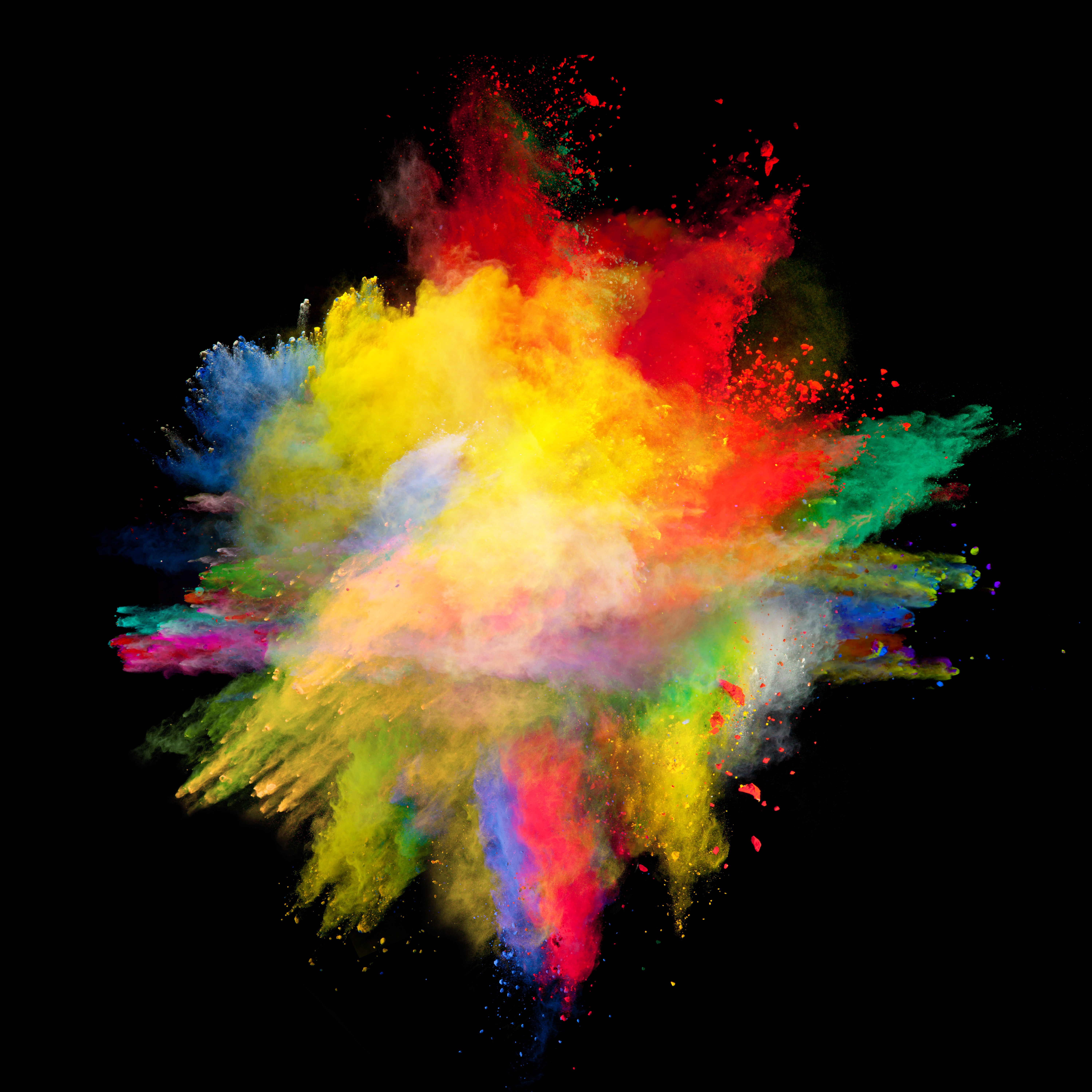powder explosion, multi colored, studio shot, black background
