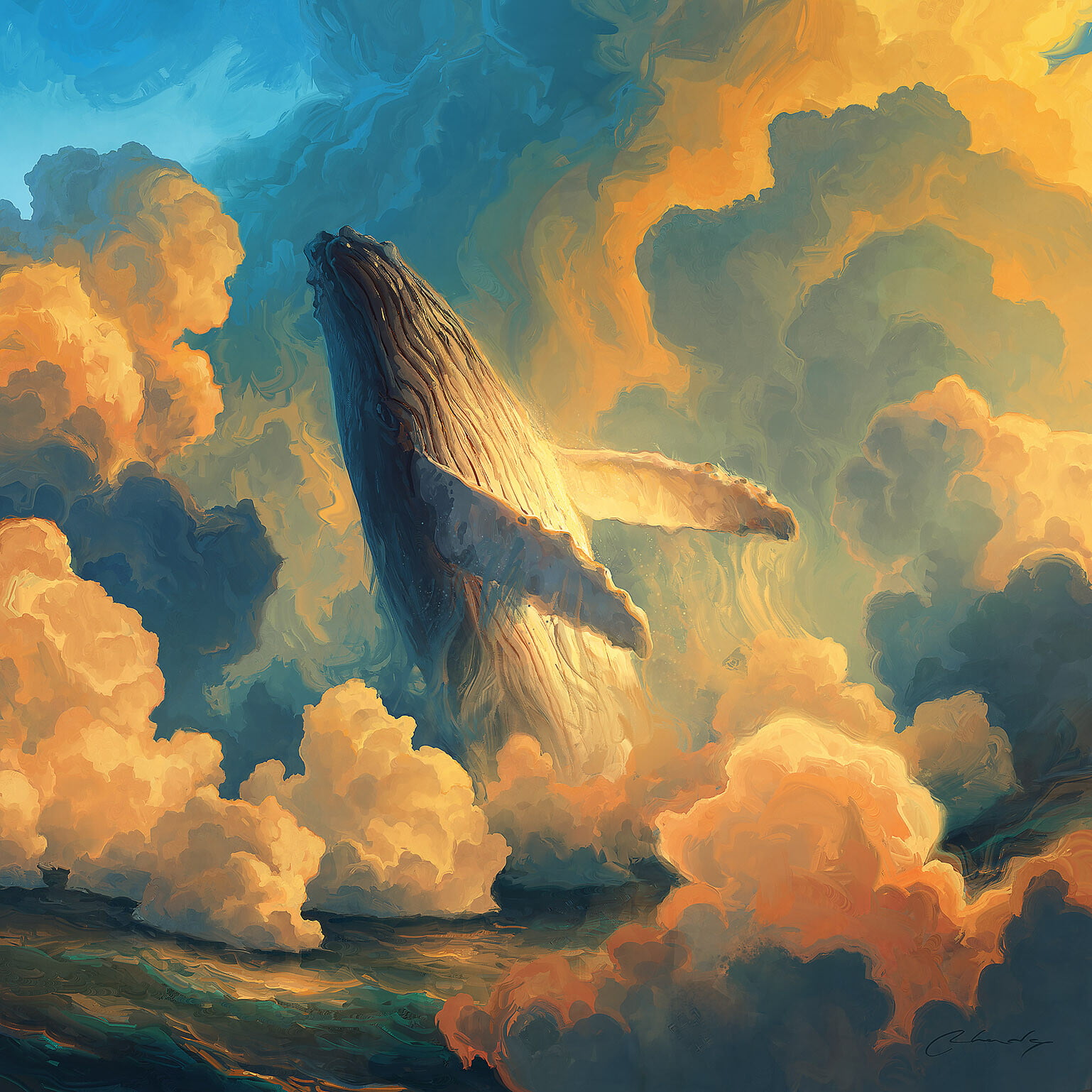 Artem Chebokha, artwork, fantasy art, whale, sky, clouds, animals