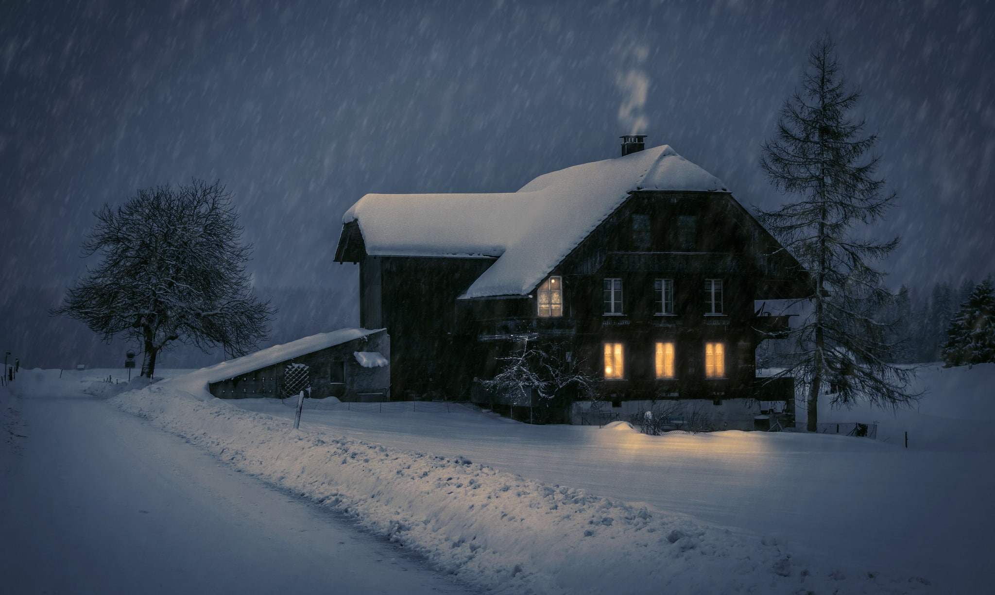 dark, house, lights, winter, snow