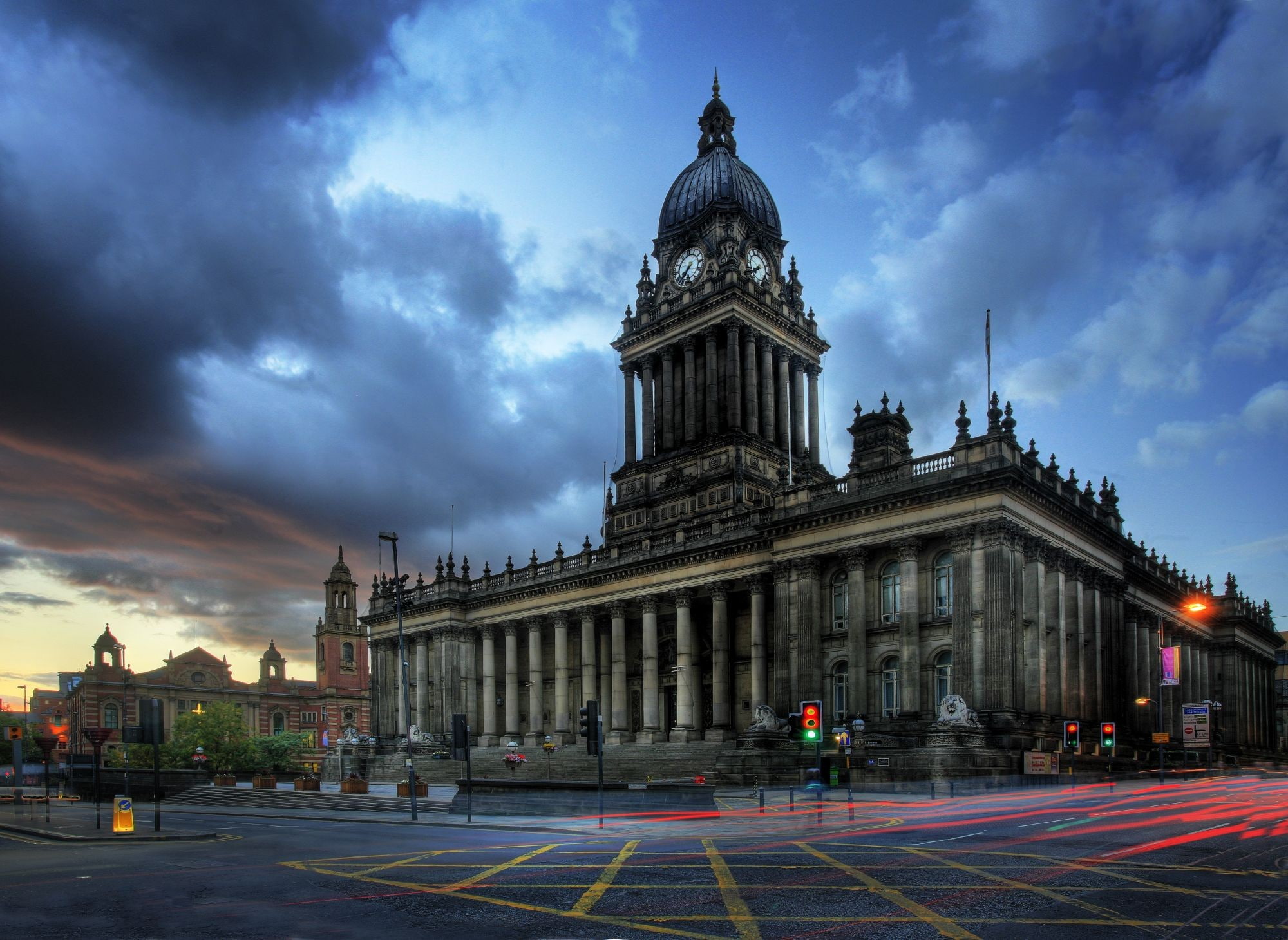 architecture, building, City Hall, clock tower, clouds, Column