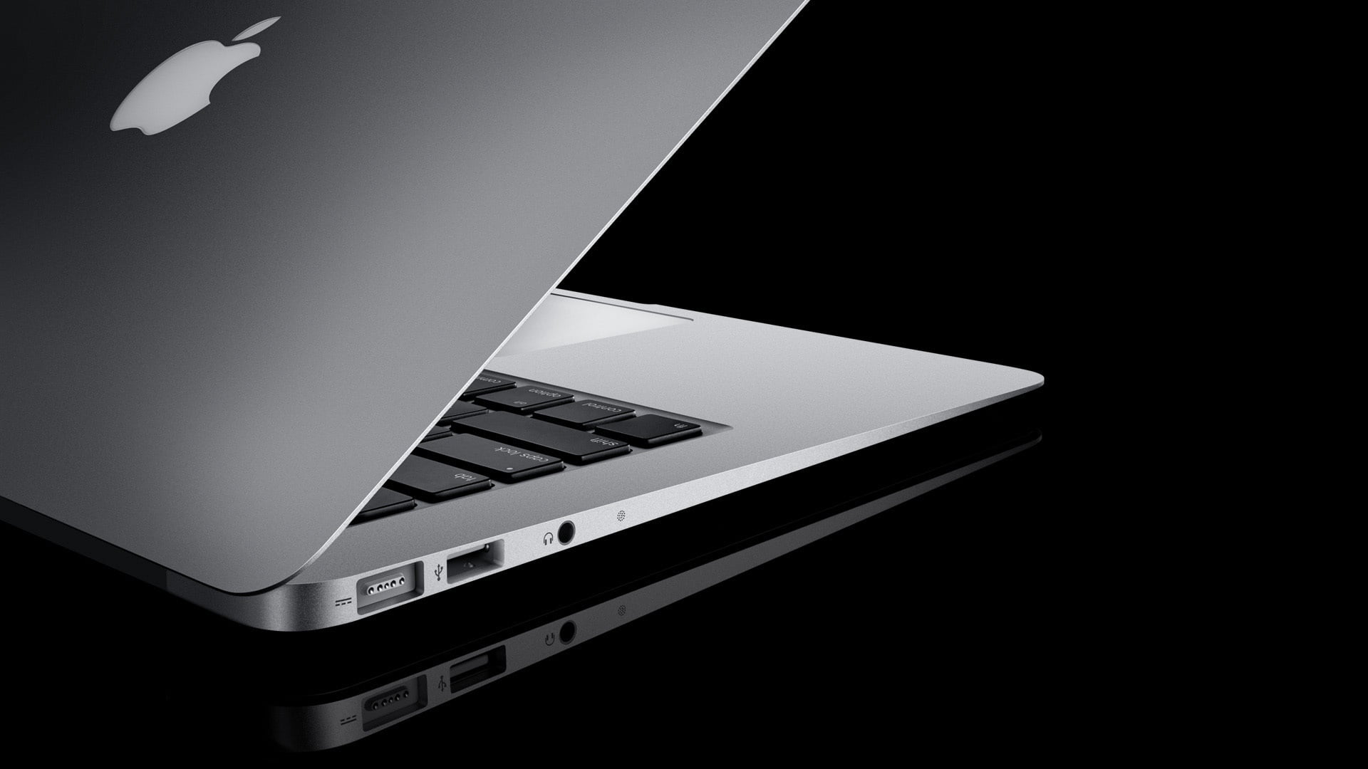 MacBook Air, laptop, apple, white, black, open, reflection, technology