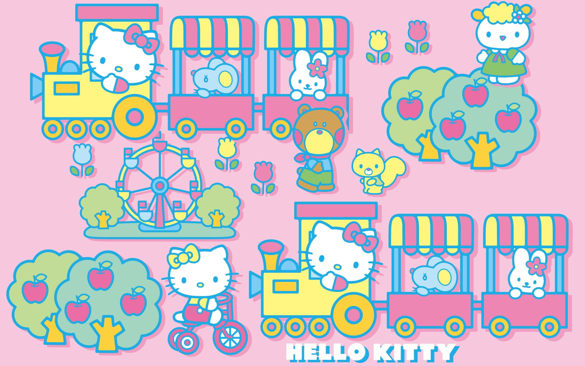 Hello Kitty, colorful, pink background, yellow, simple background