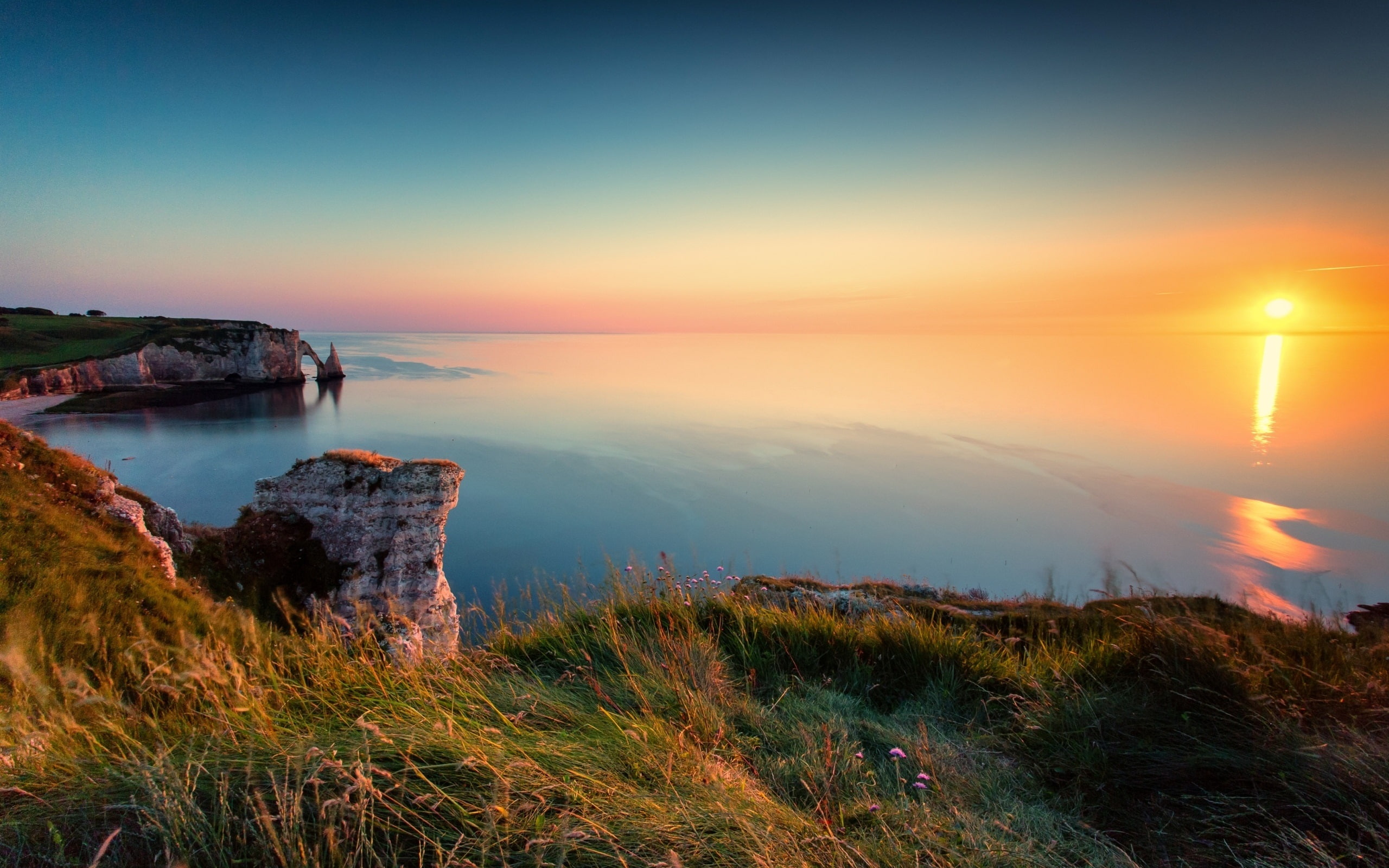 Sunset, cliffs, sea, coast, Etretat, France