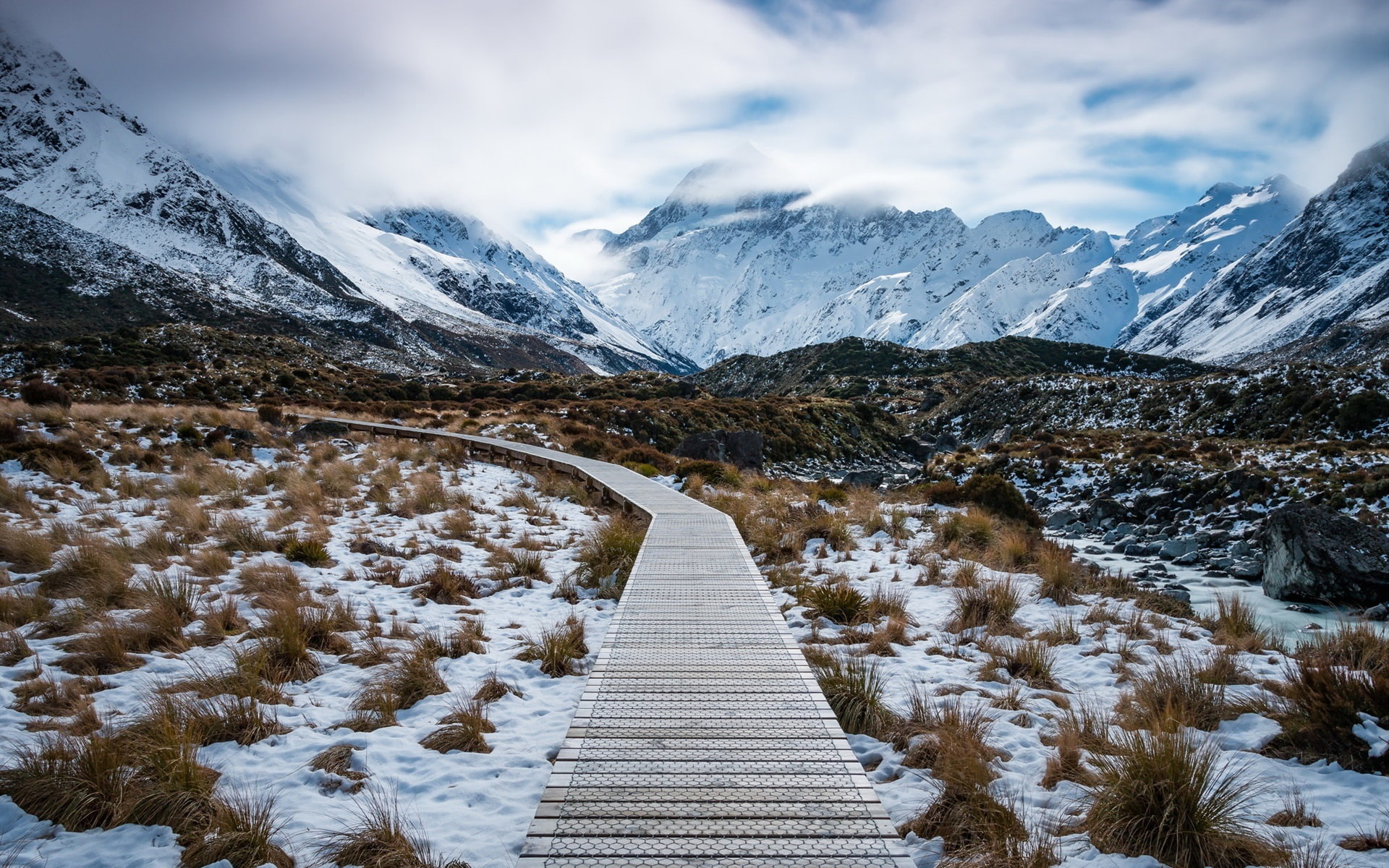 Aoraki Mount Cook National Park, New Zealand, mountains, snow, path, brown pathway