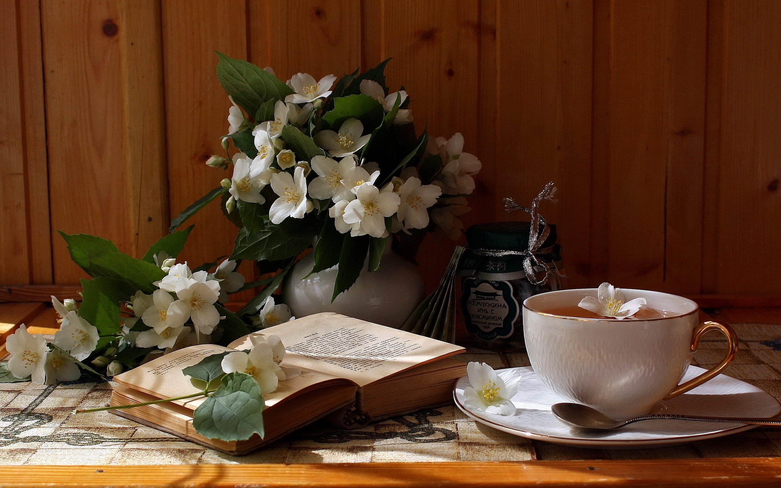 white petaled flowers, cup, tea, tea party, table, wood - Material