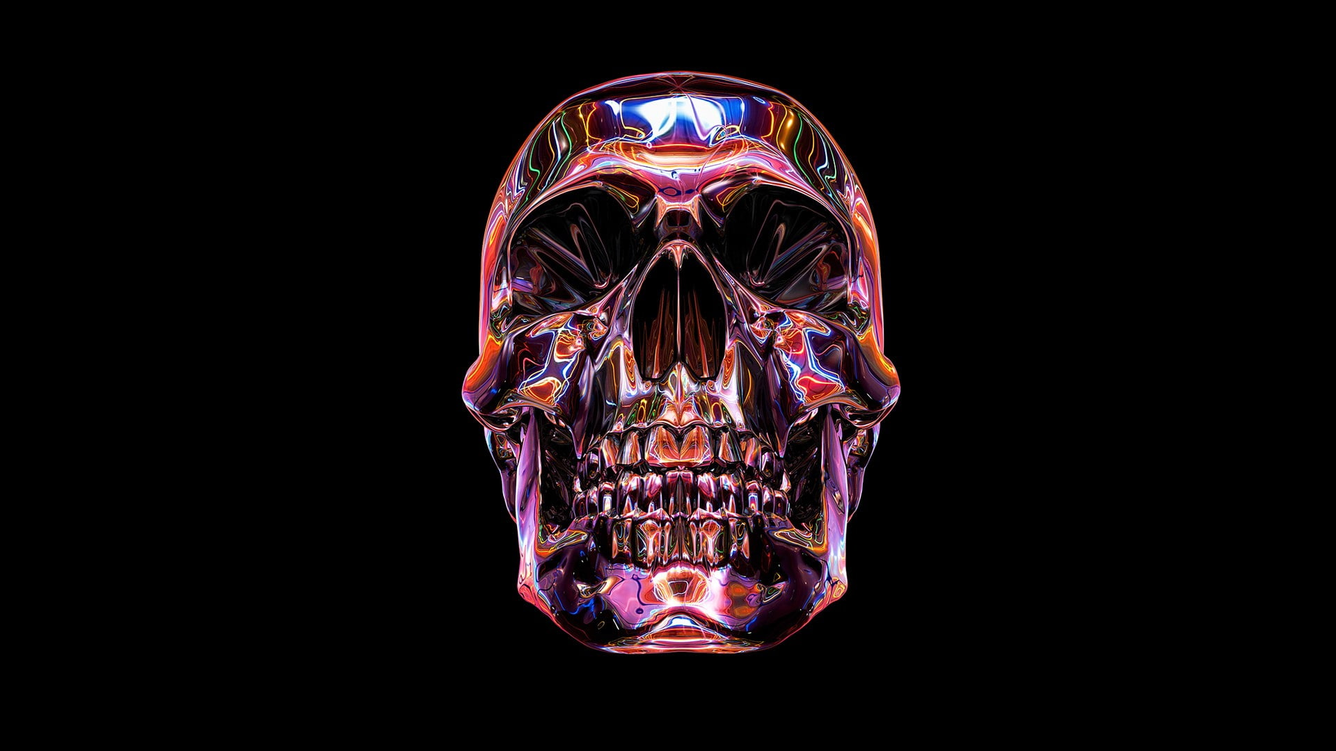 artwork, skull, pink, black background, studio shot, multi colored