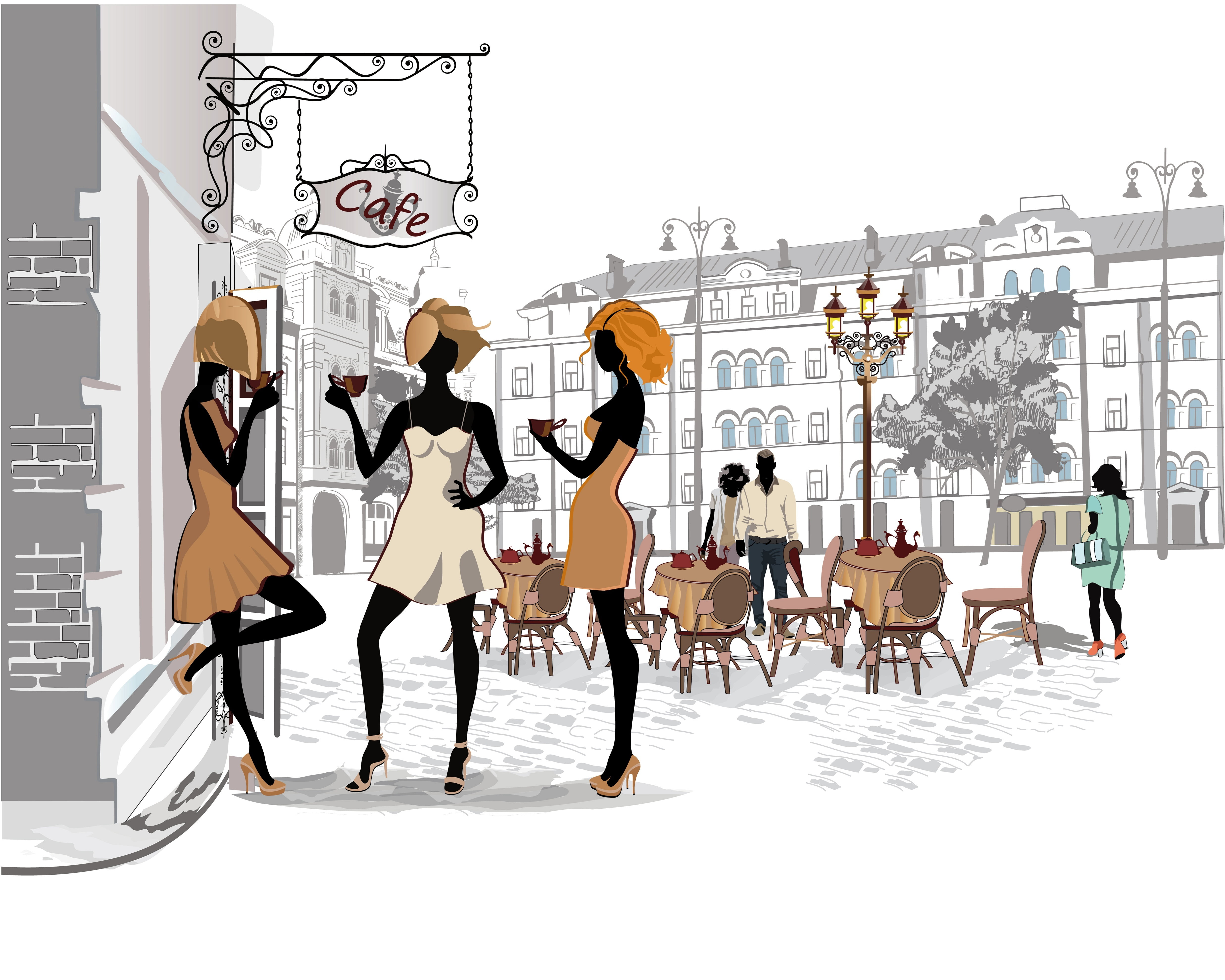 women illustration, the city, girls, street, Paris, coffee, home