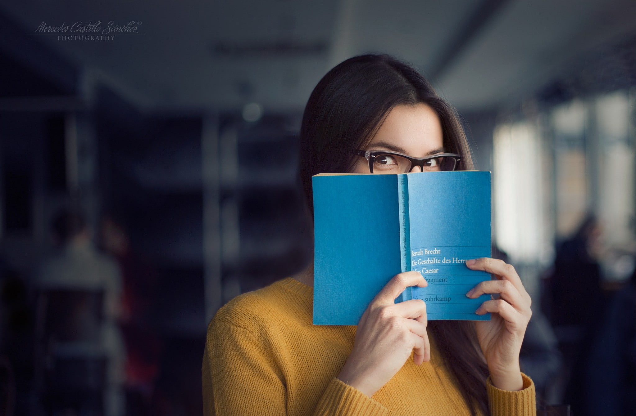 women with glasses, library, books