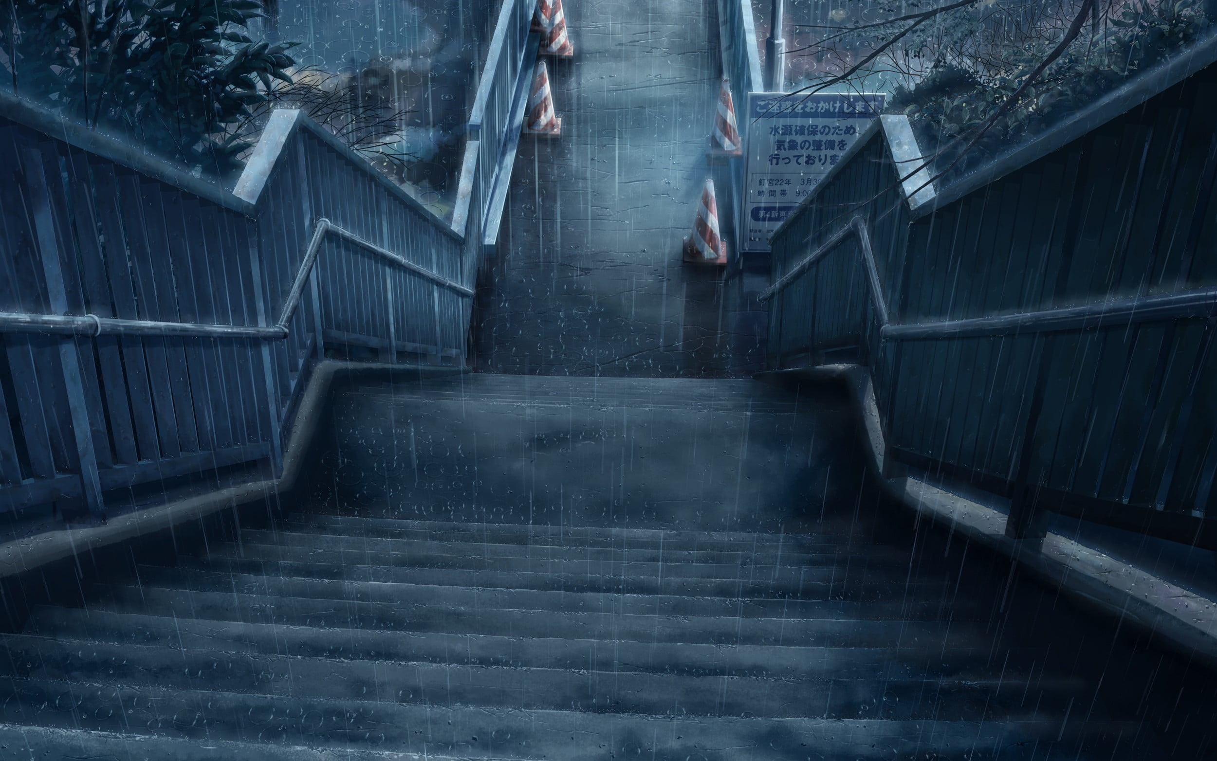 outdoor staircase illustration, anime, stairs, rain, night, Japan