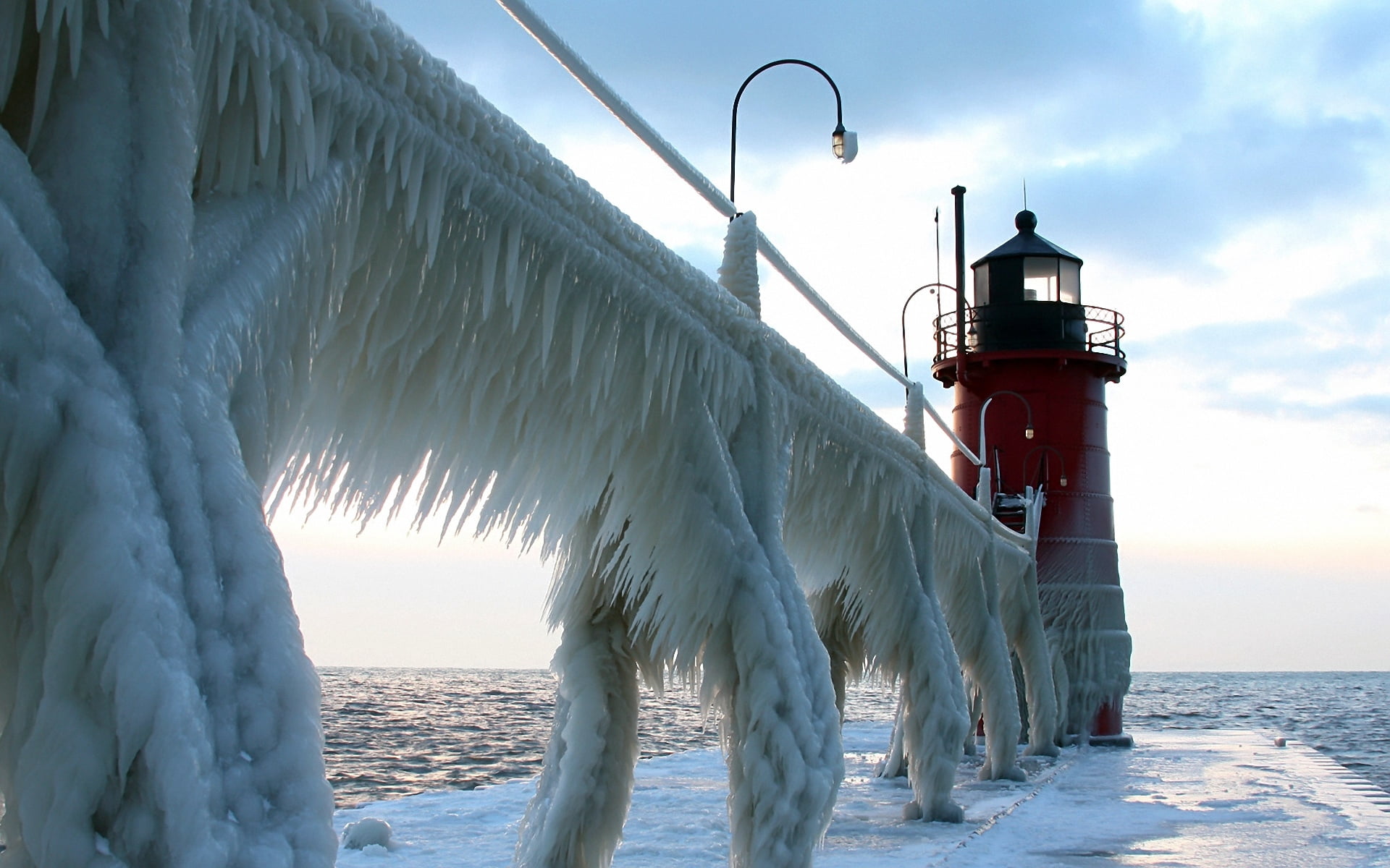 red lighthouse, beacon, icicles, ice, cold, burning, sea, nature