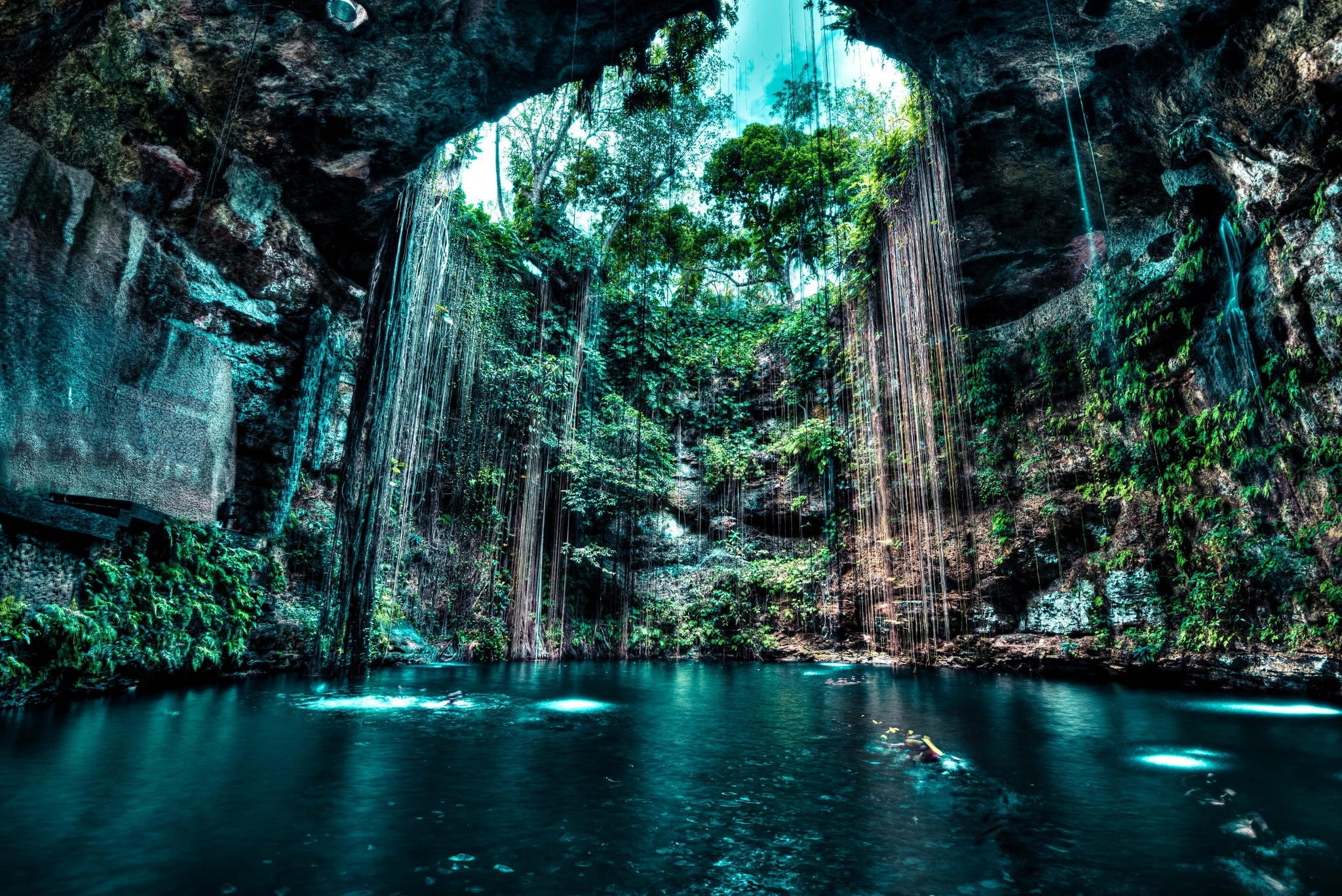 cave, cenotes, lake, landscape, nature, rock, Trees, water