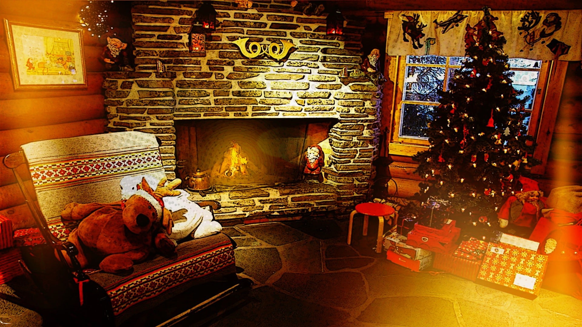 lights, fireplace, Christmas, indoors, no people, animal, animal themes