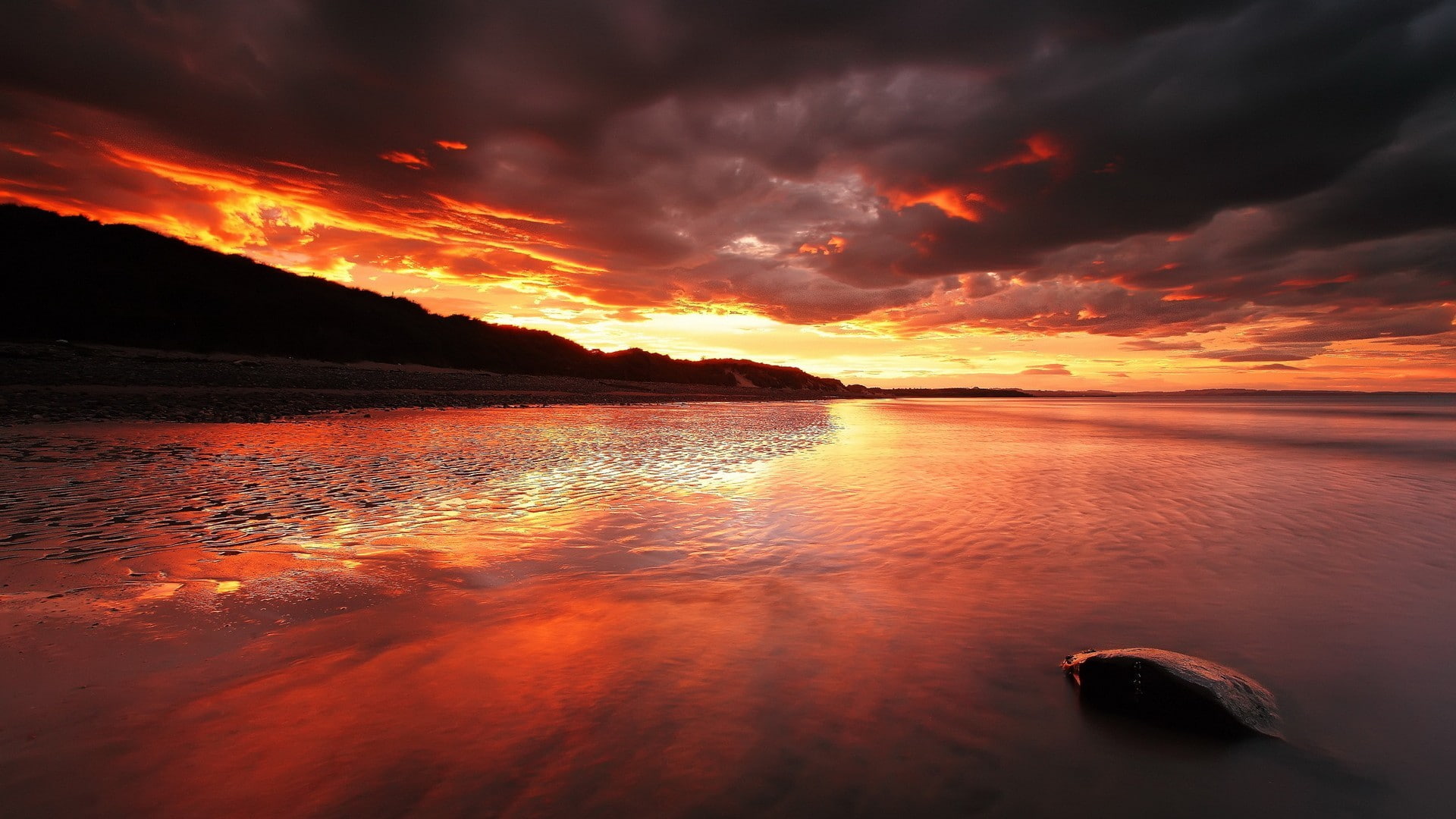 beach, clouds, reflection, sky, sunset