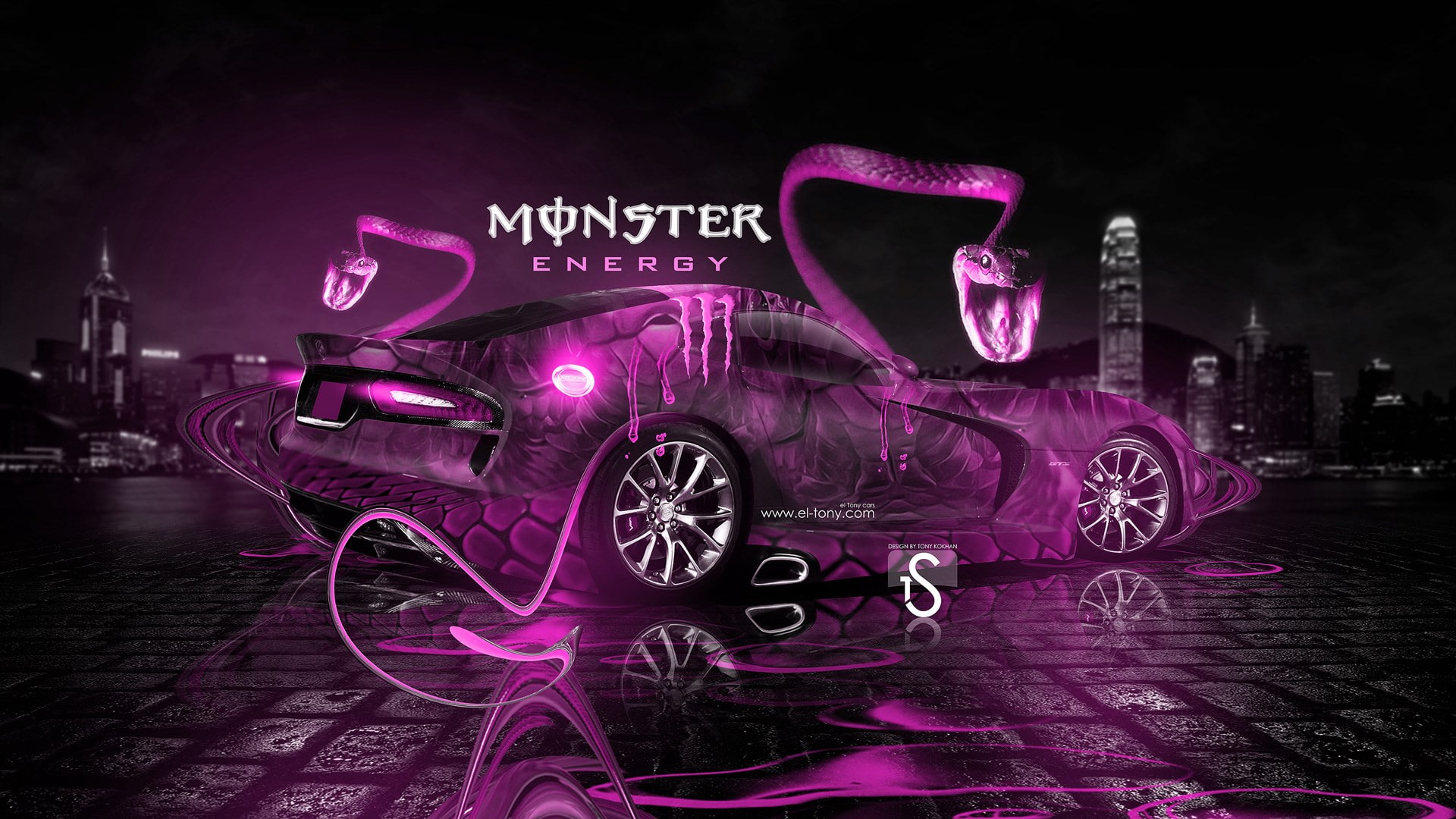 monster desktop nexus, night, illuminated, purple, transportation