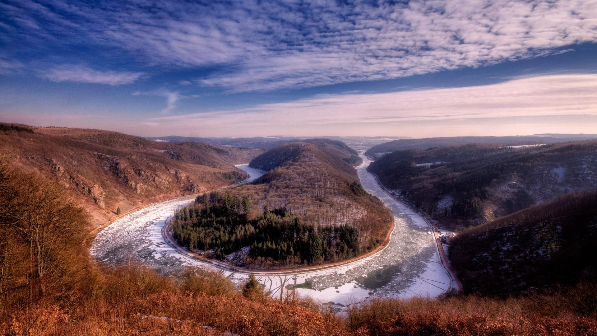 The River Saar In France, gorge, frozen, horseshoe, clouds, nature and landscapes