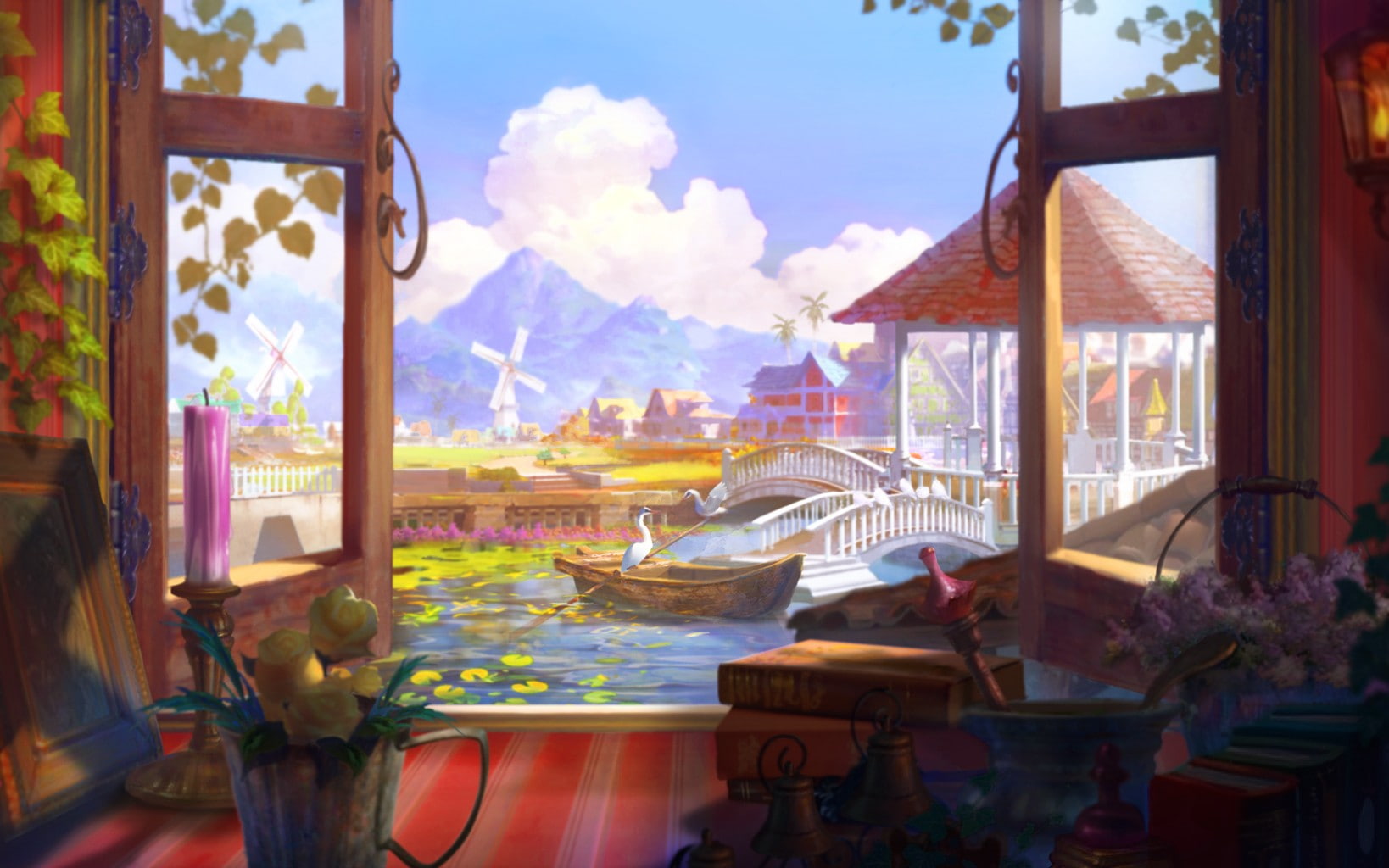 Aion, window, gazebo, flowerpot, books, clouds, windmill, bridge