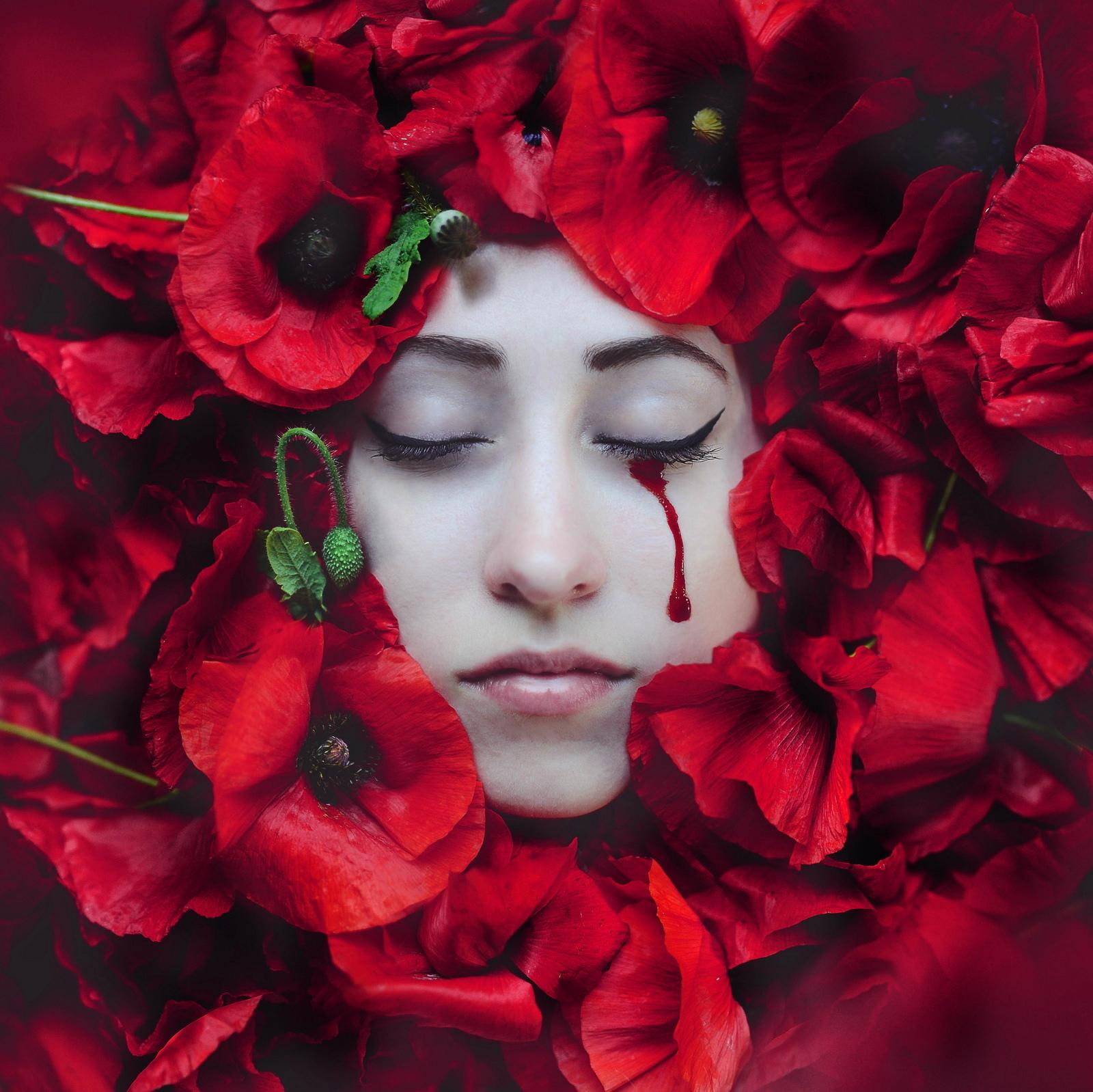 Bleeding Rose, flowers, photography, face, tears, blood