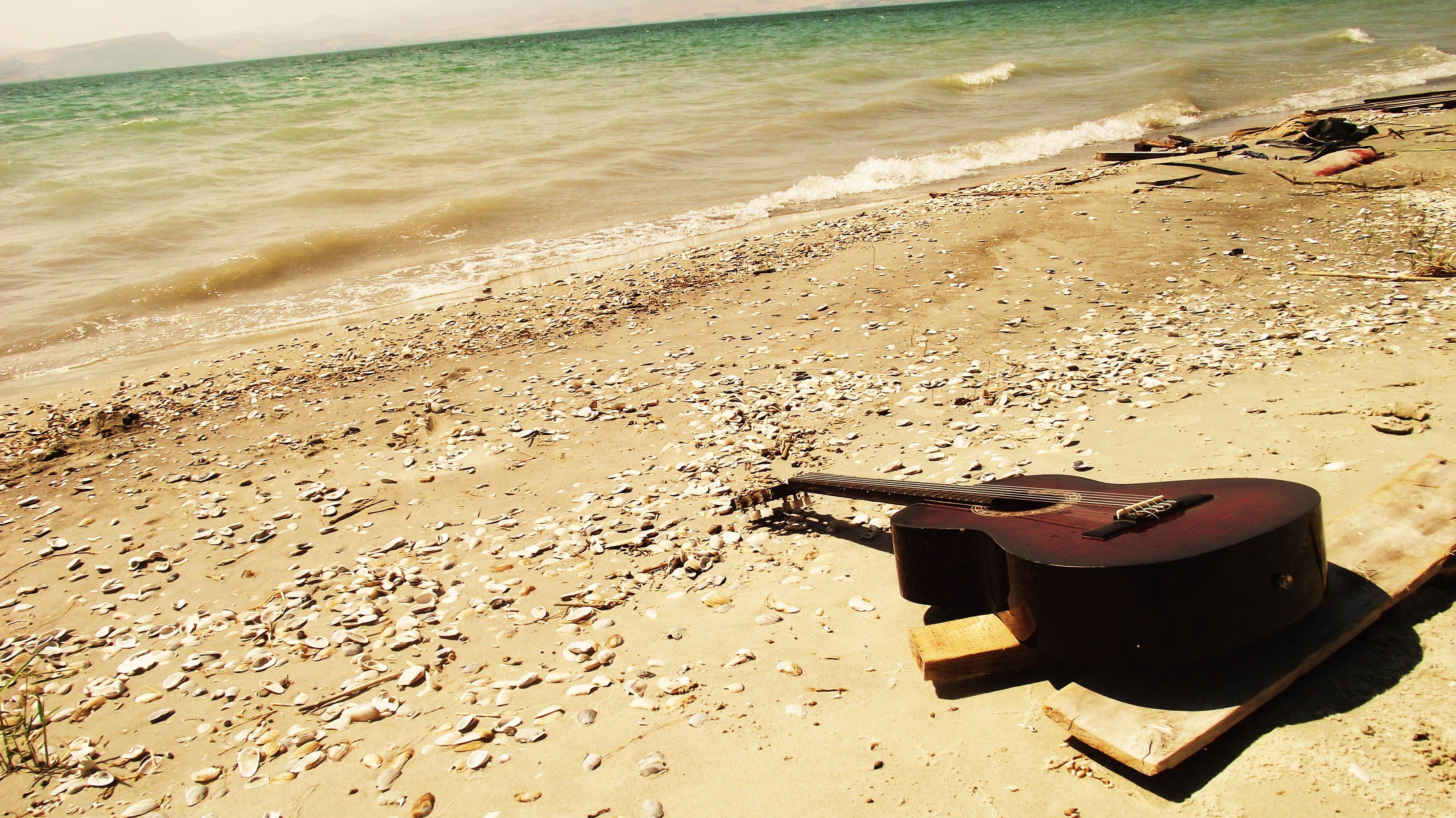 brown steel string acoustic guitar, sea, beach, music, sand, vacations