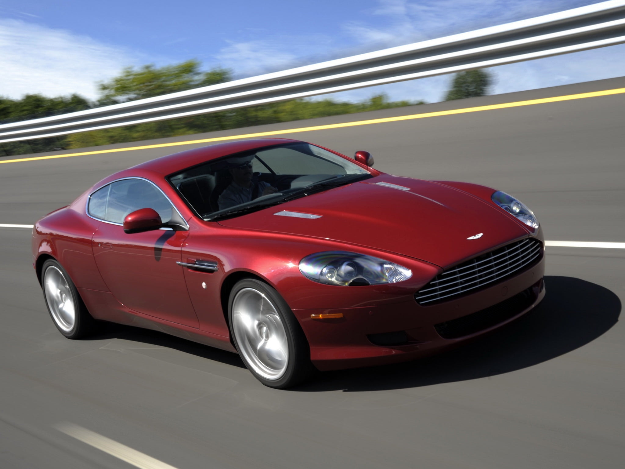 red coupe, aston martin, db9, 2008, style, cars, speed, trees