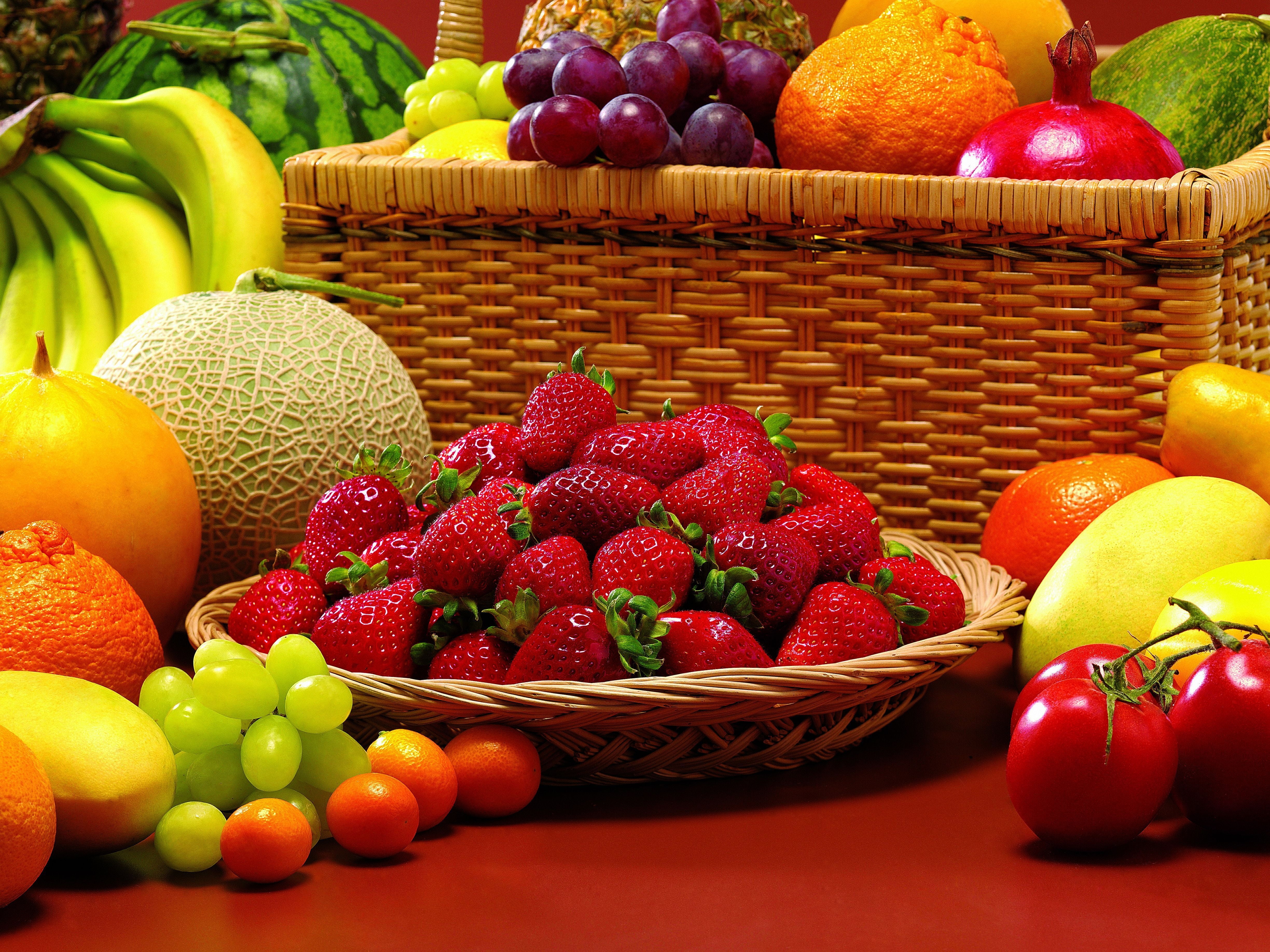 variety of fruits, allsorts, strawberry, melon, grapes, orange