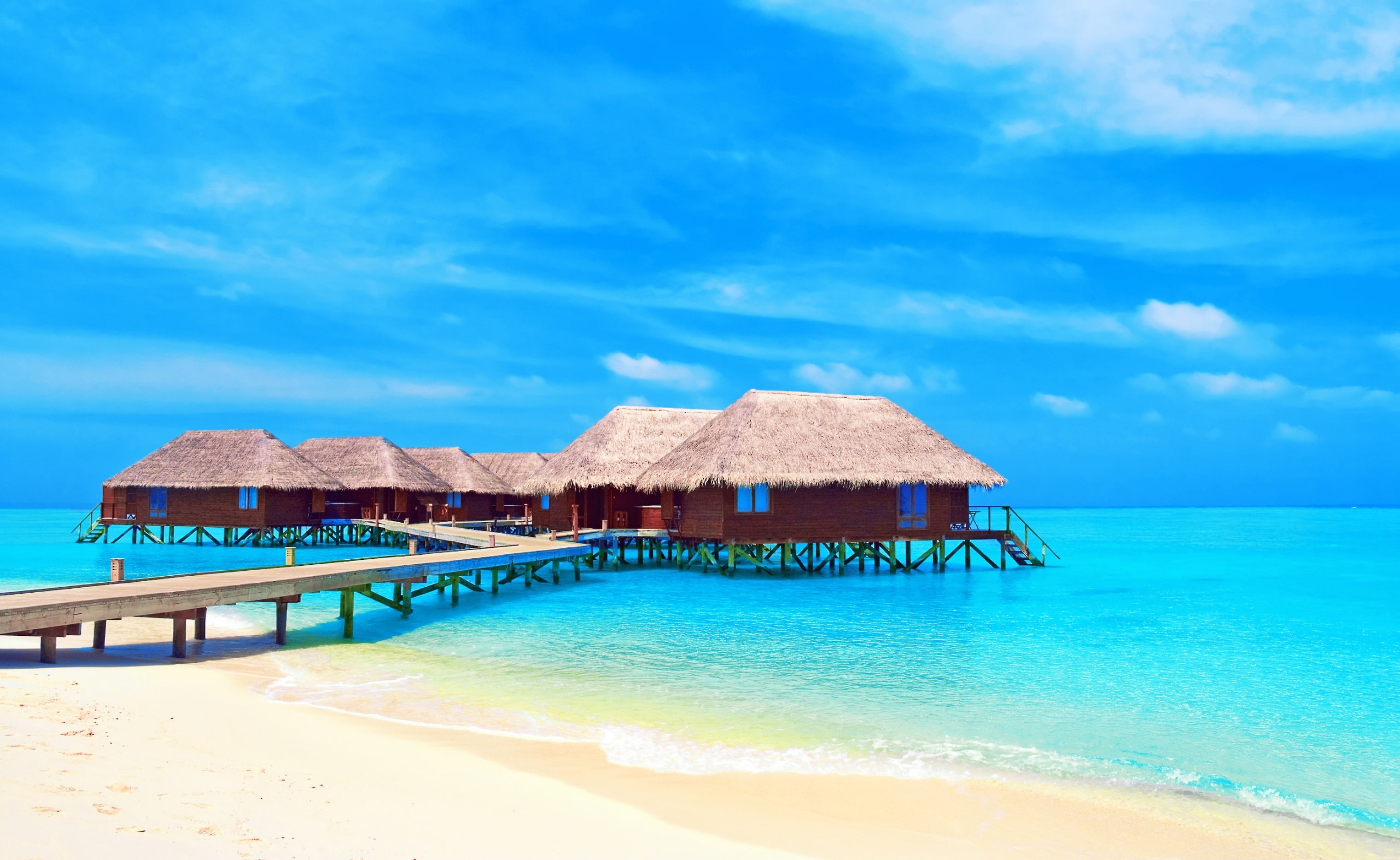 Tropical Water Bungalows, brown wooden dock, Travel, Islands