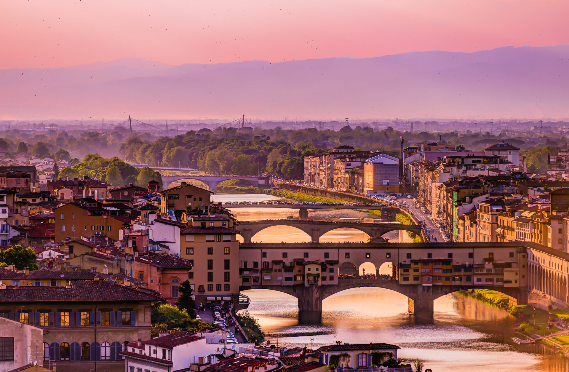 the sky, landscape, mountains, bridge, home, Italy, Florence